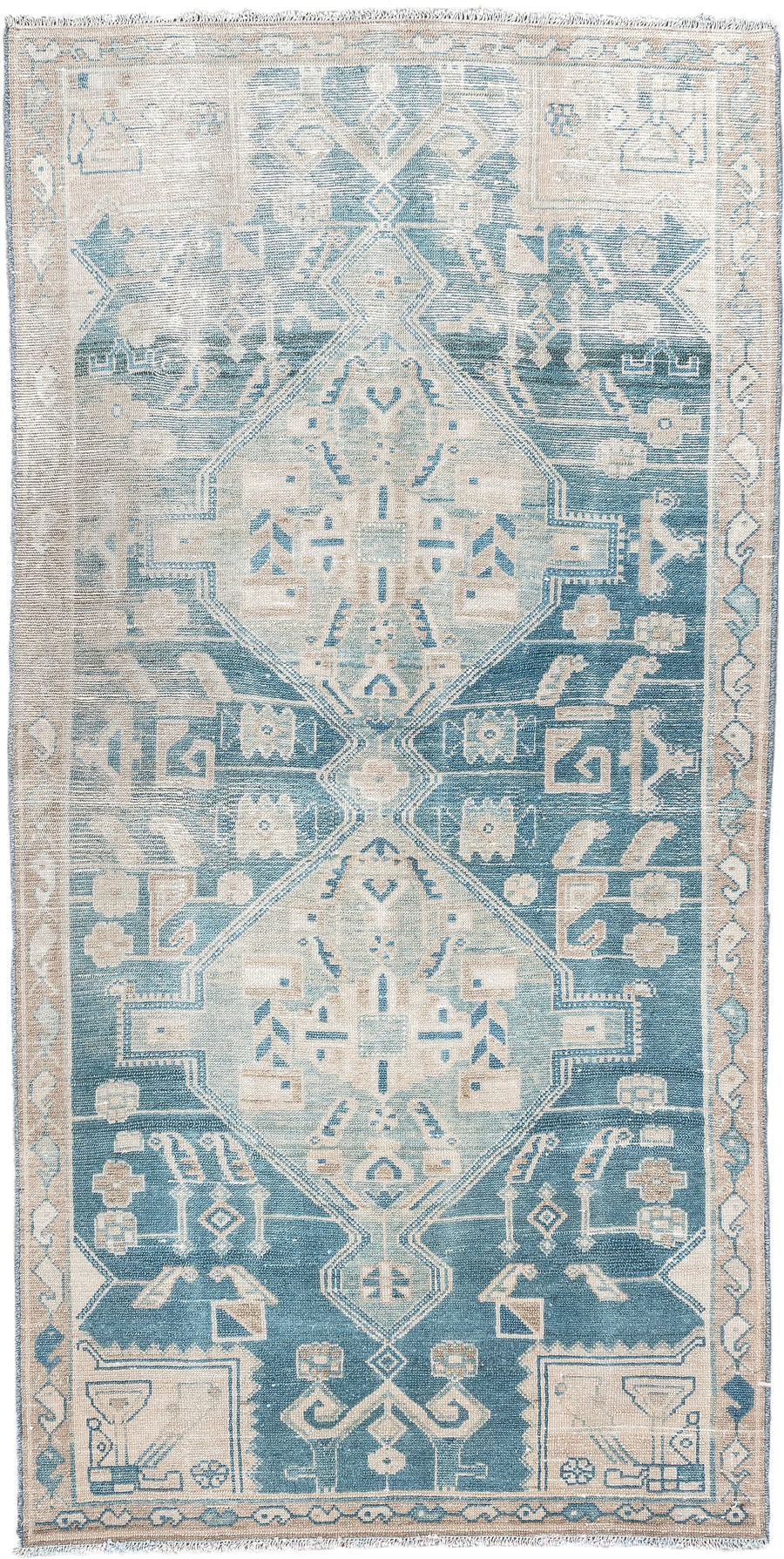 3' x 6' one-of-a-kind handmade antique Malayer runner rug. Color palette: sky blue, ivory, sand, beige, taupe, light blue