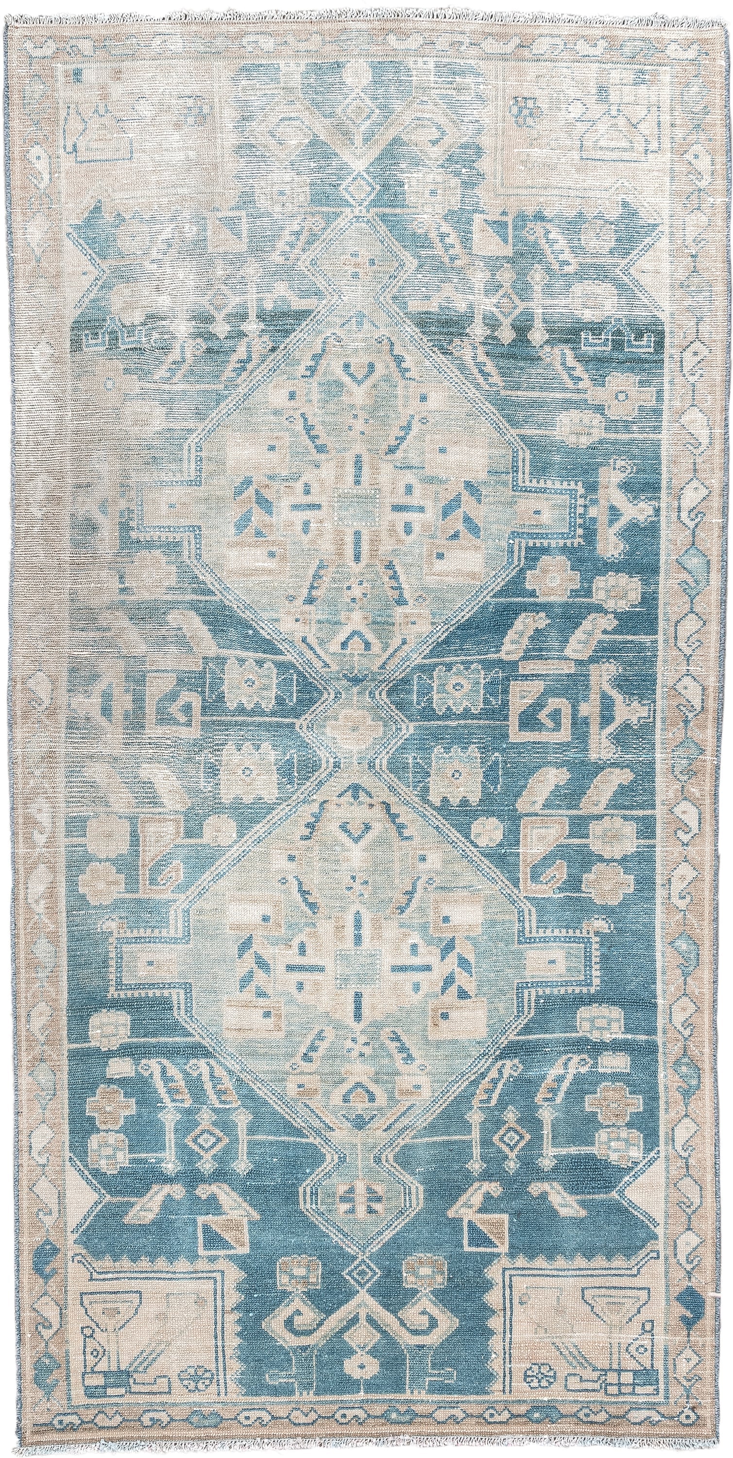 3' x 6' one-of-a-kind handmade antique Malayer runner rug. Color palette: sky blue, ivory, sand, beige, taupe, light blue