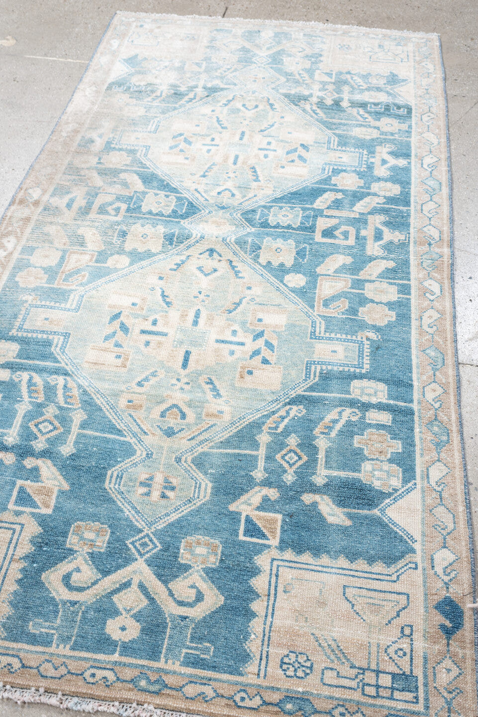 3' x 6' one-of-a-kind handmade antique Malayer runner rug. Color palette: sky blue, ivory, sand, beige, taupe, light blue