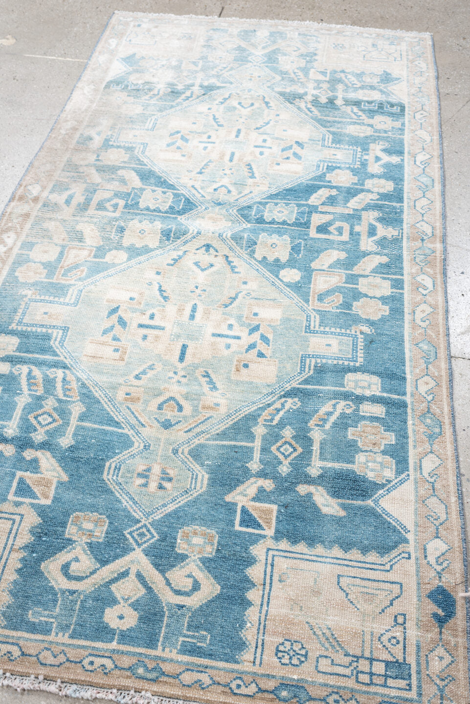 3' x 6' one-of-a-kind handmade antique Malayer runner rug. Color palette: sky blue, ivory, sand, beige, taupe, light blue