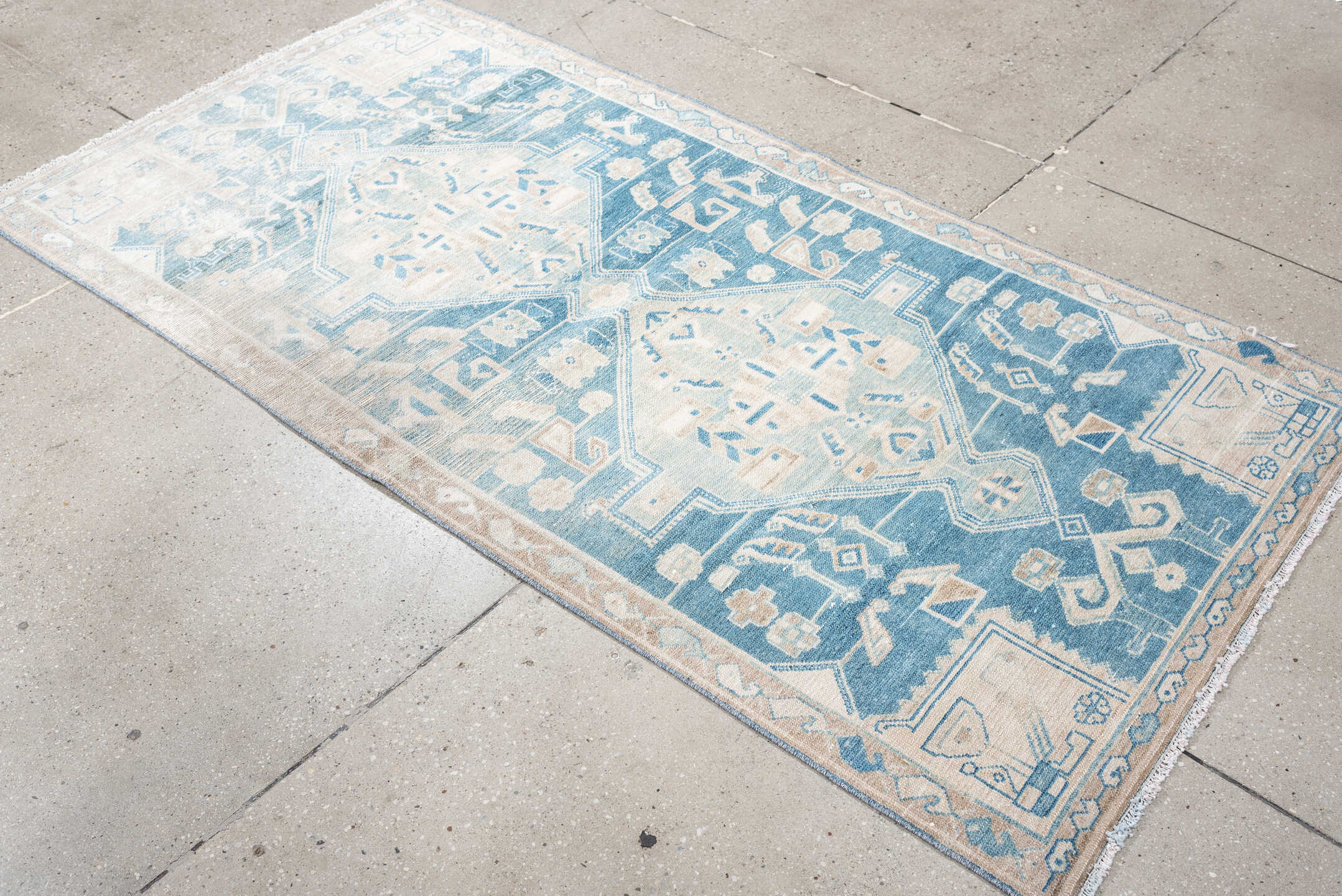 3' x 6' one-of-a-kind handmade antique Malayer runner rug. Color palette: sky blue, ivory, sand, beige, taupe, light blue