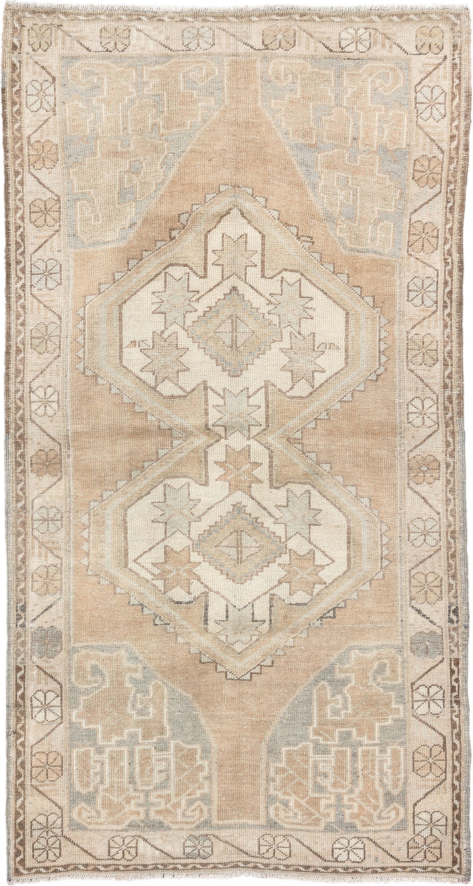 3' x 6' one-of-a-kind handmade vintage Kurd runner rug. Color palette: camel, ivory, pale blue, taupe, sand, light brown