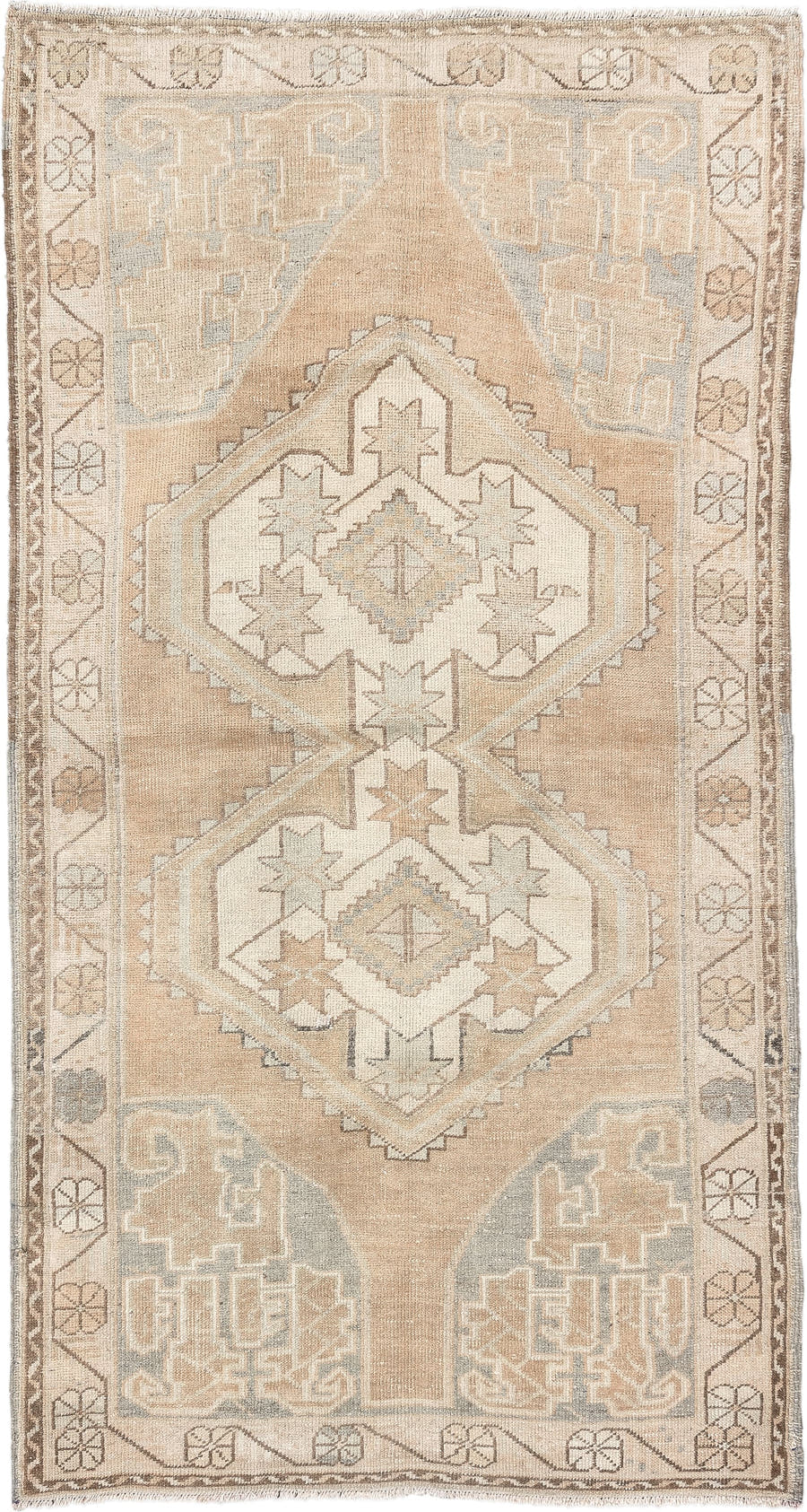 3' x 6' one-of-a-kind handmade vintage Kurd runner rug. Color palette: camel, ivory, pale blue, taupe, sand, light brown