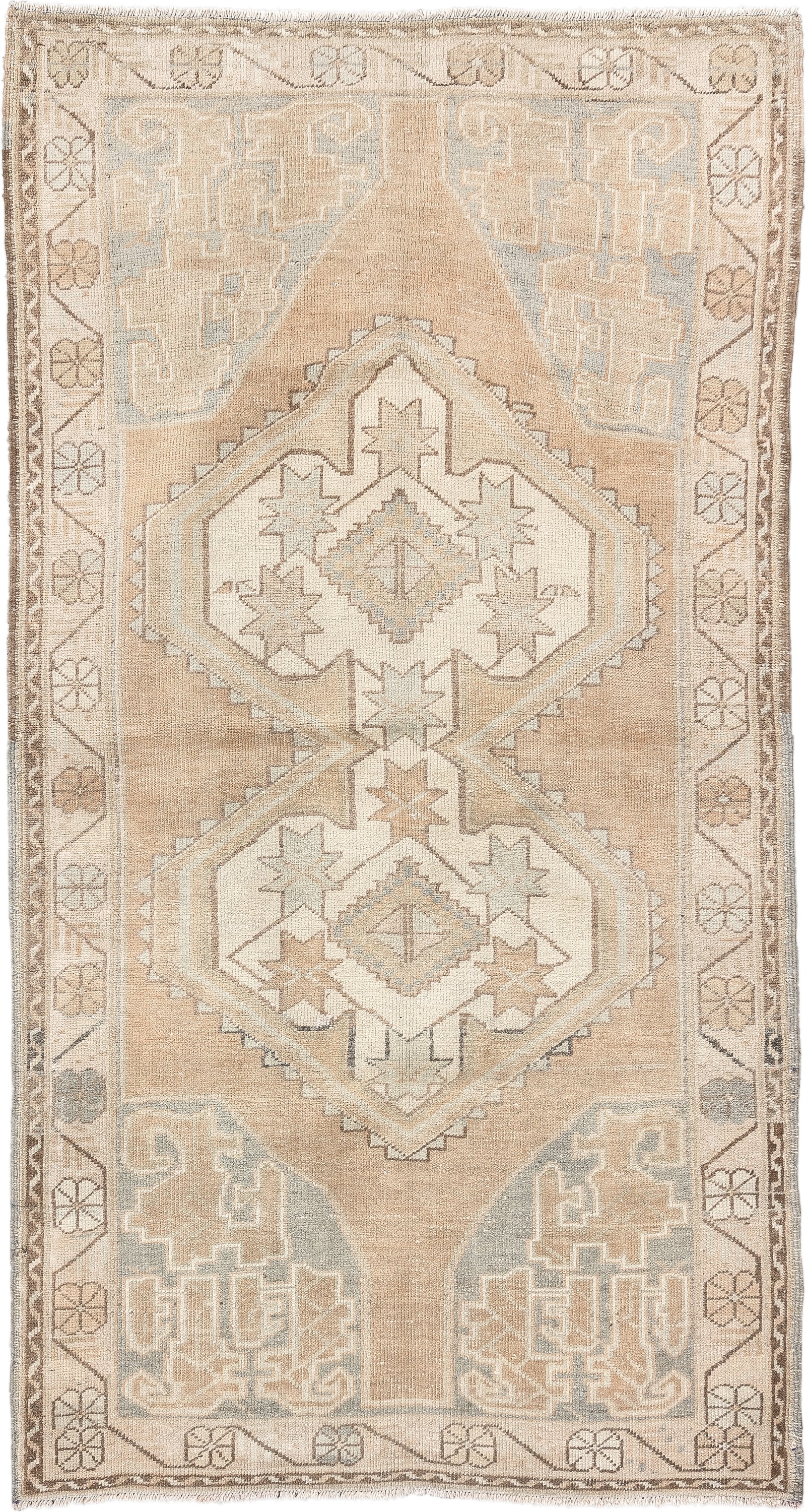 3' x 6' one-of-a-kind handmade vintage Kurd runner rug. Color palette: camel, ivory, pale blue, taupe, sand, light brown