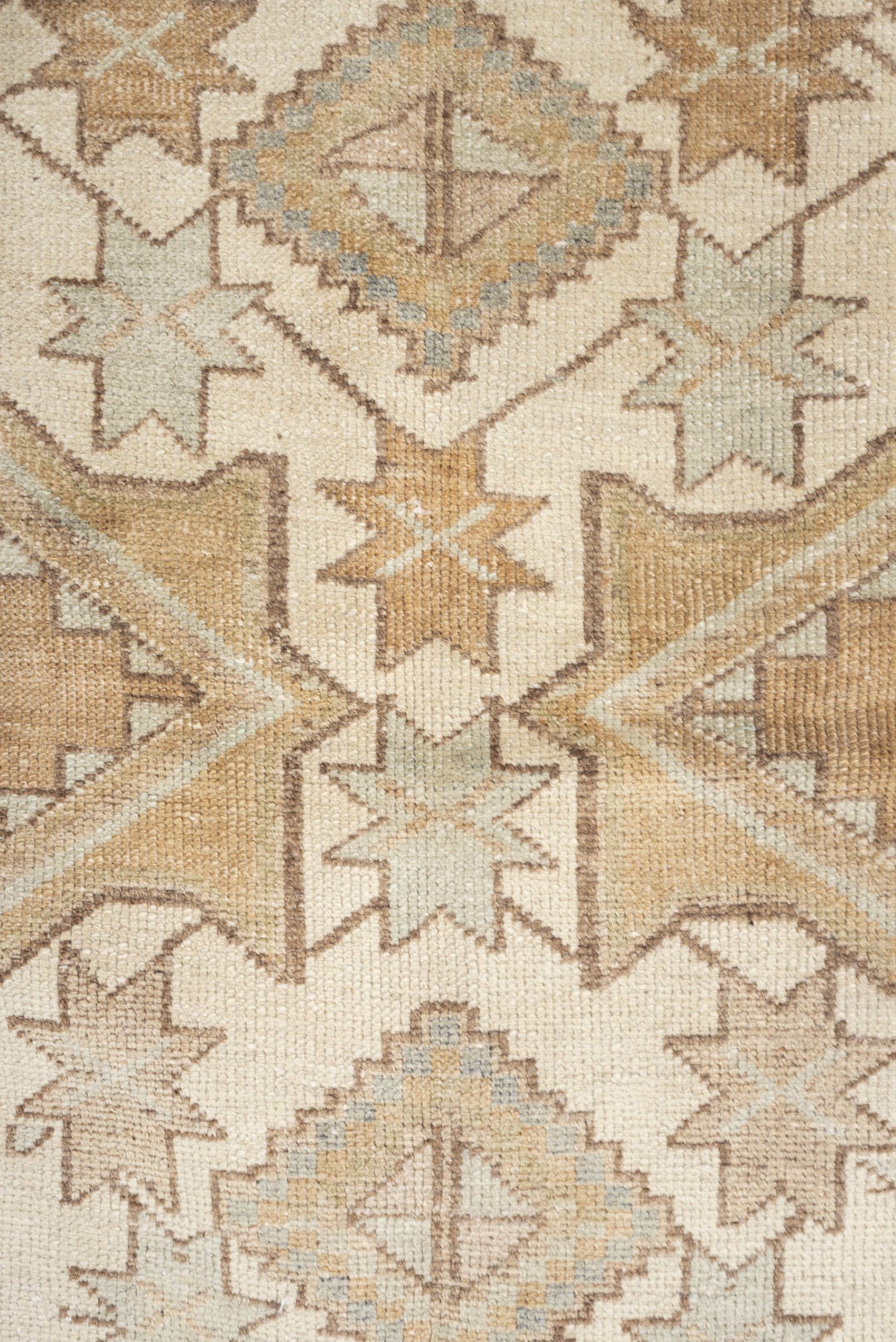 3' x 6' one-of-a-kind handmade vintage Kurd runner rug. Color palette: camel, ivory, pale blue, taupe, sand, light brown