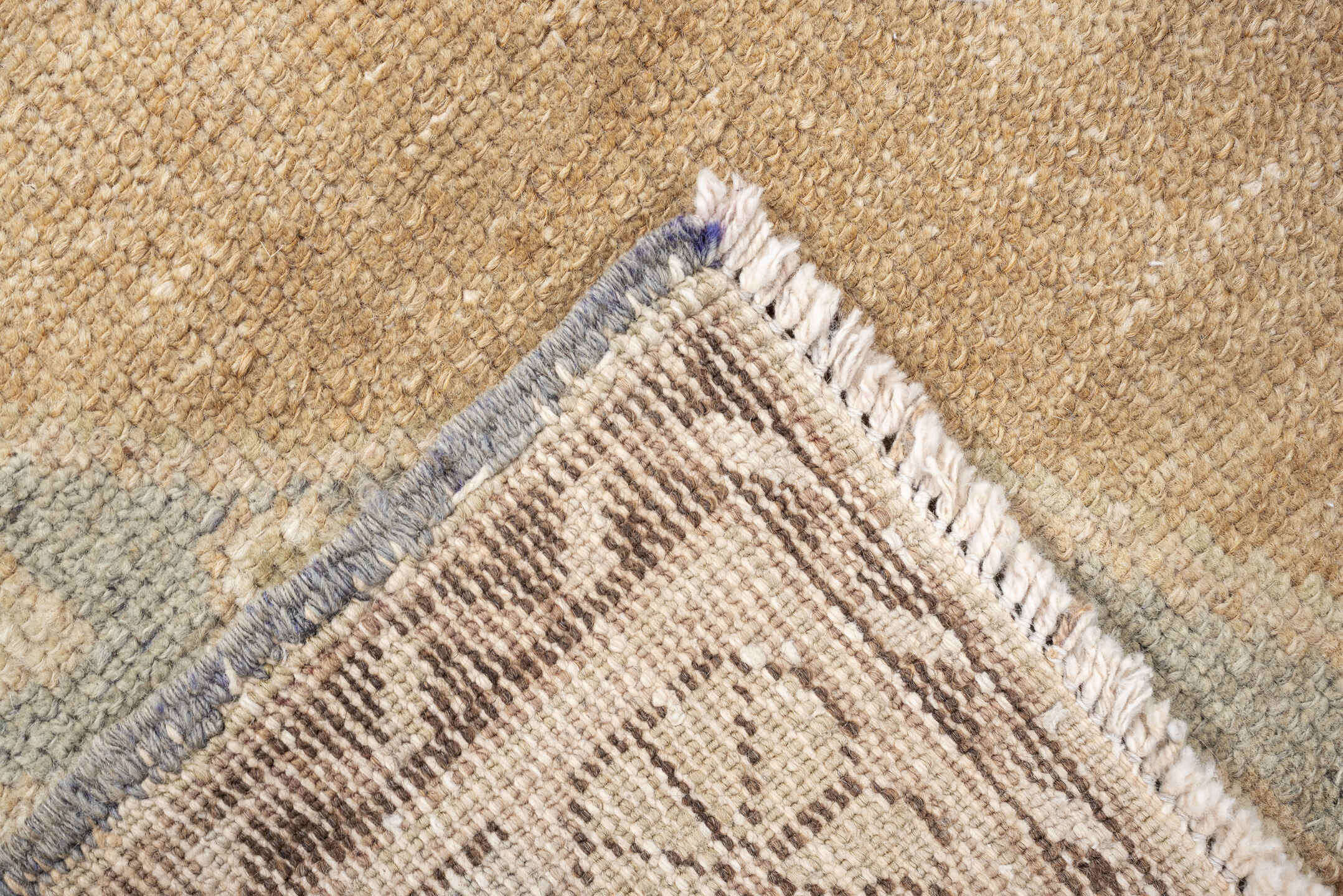 3' x 6' one-of-a-kind handmade vintage Kurd runner rug. Color palette: camel, ivory, pale blue, taupe, sand, light brown