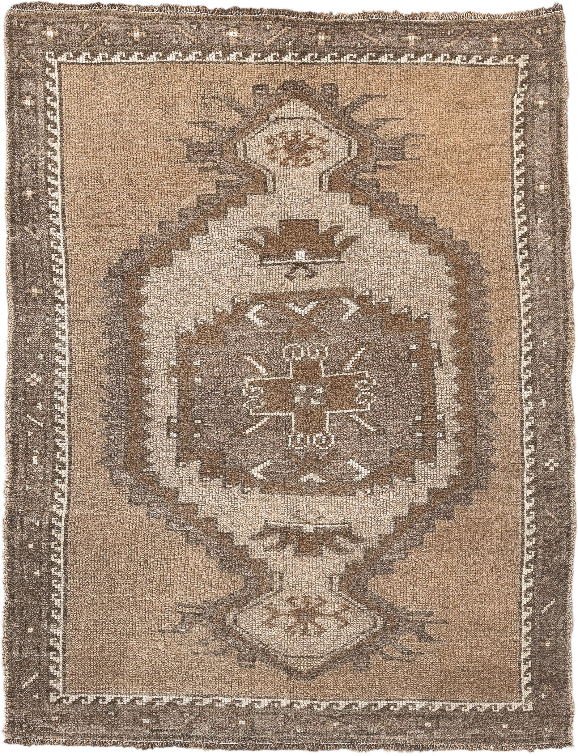 3' x 4' one-of-a-kind handmade antique Kars small size rug. Color palette: taupe, camel, ivory, brown, greige, beige, gray