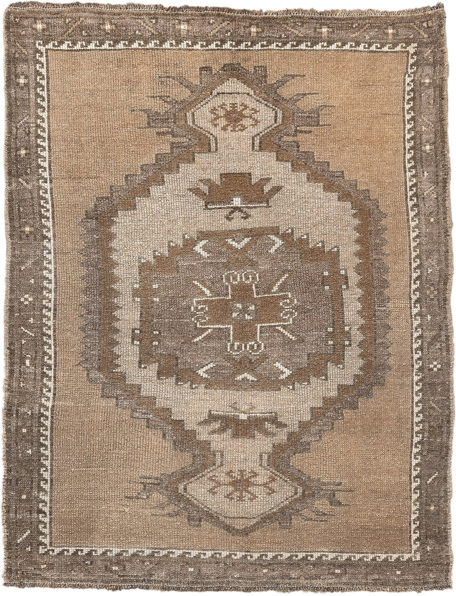 3' x 4' one-of-a-kind handmade antique Kars small size rug. Color palette: taupe, camel, ivory, brown, greige, beige, gray