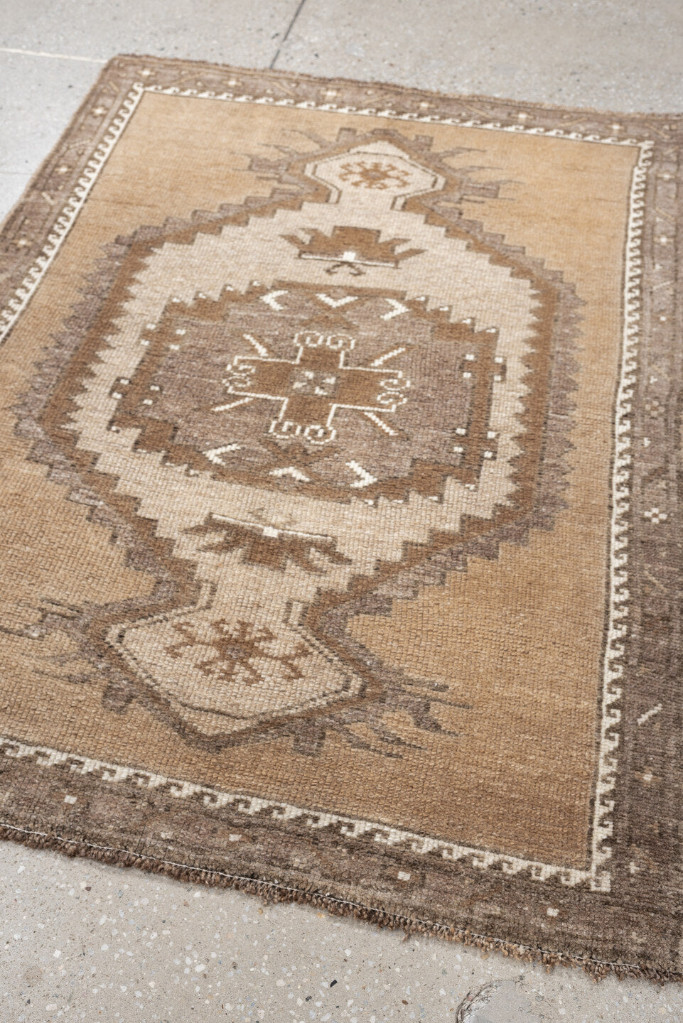 3' x 4' one-of-a-kind handmade antique Kars small size rug. Color palette: taupe, camel, ivory, brown, greige, beige, gray