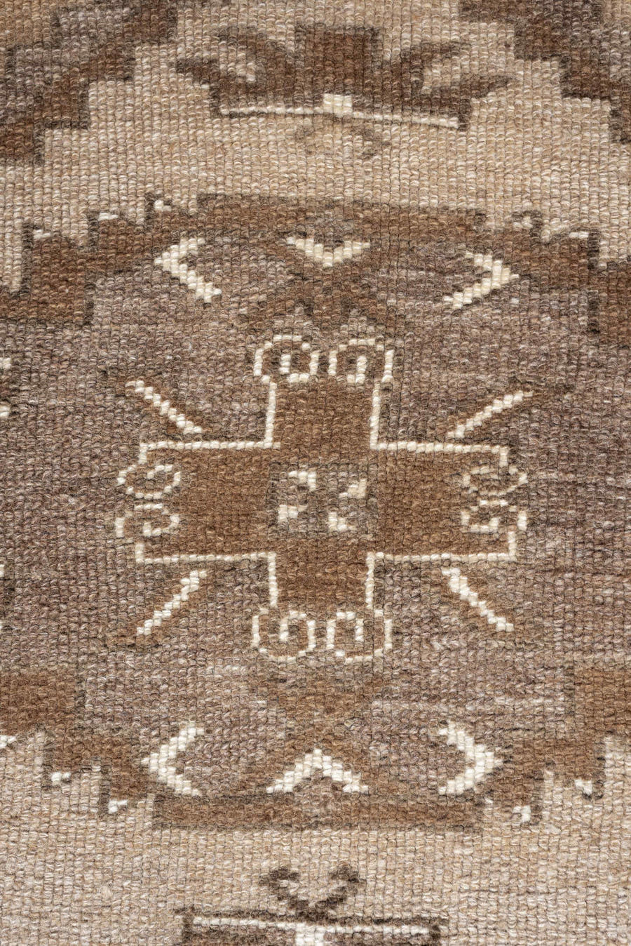 3' x 4' one-of-a-kind handmade antique Kars small size rug. Color palette: taupe, camel, ivory, brown, greige, beige, gray