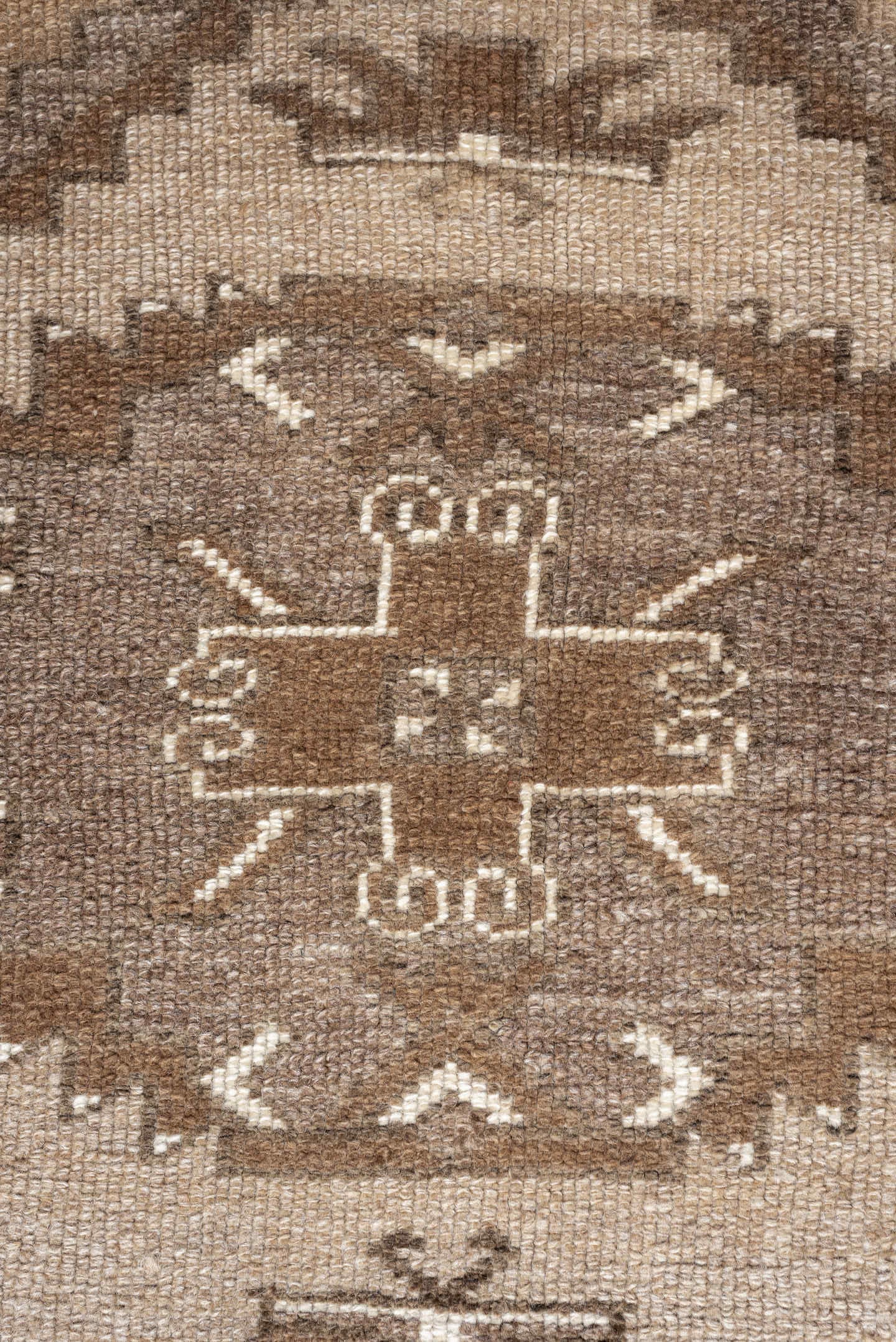 3' x 4' one-of-a-kind handmade antique Kars small size rug. Color palette: taupe, camel, ivory, brown, greige, beige, gray