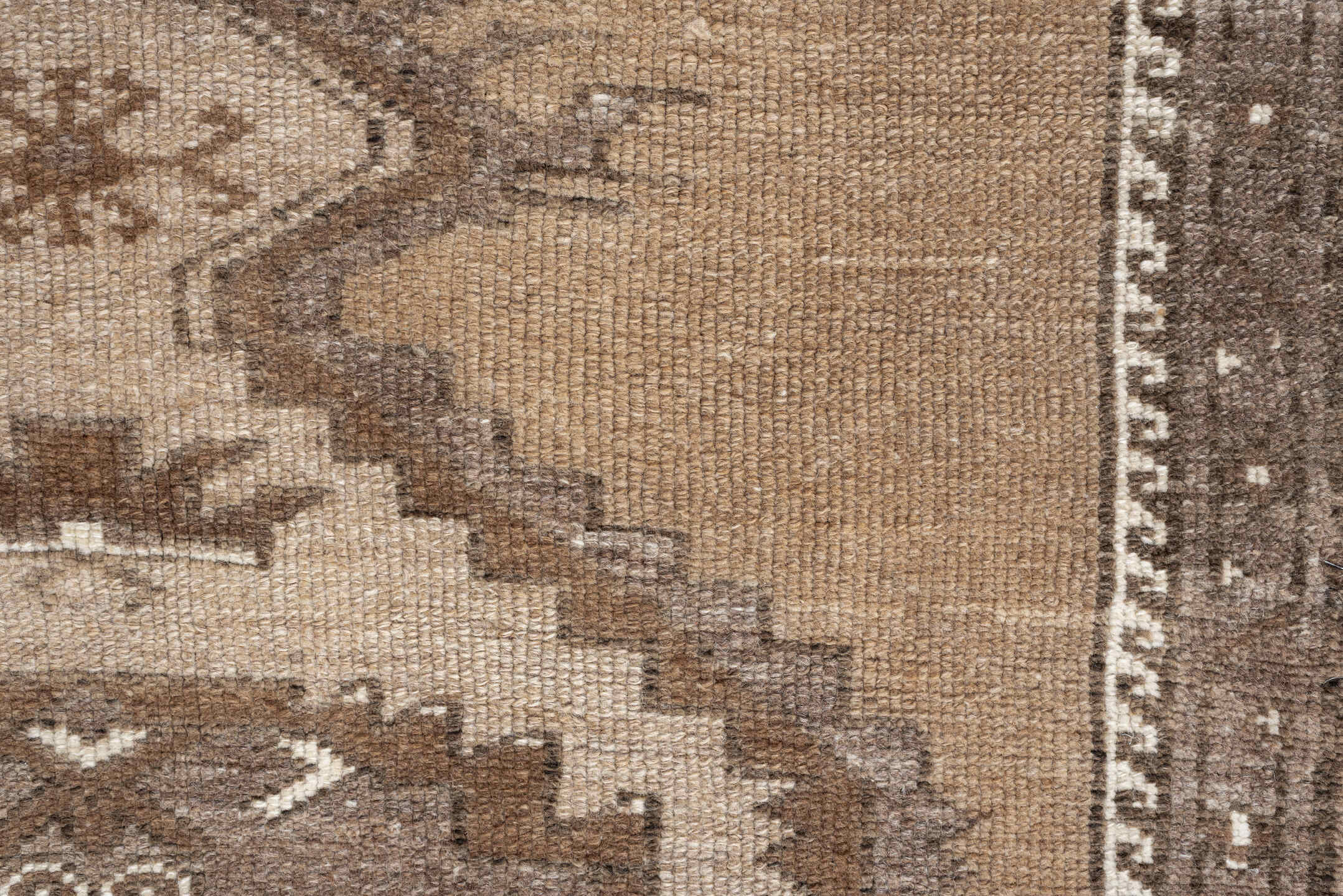 3' x 4' one-of-a-kind handmade antique Kars small size rug. Color palette: taupe, camel, ivory, brown, greige, beige, gray