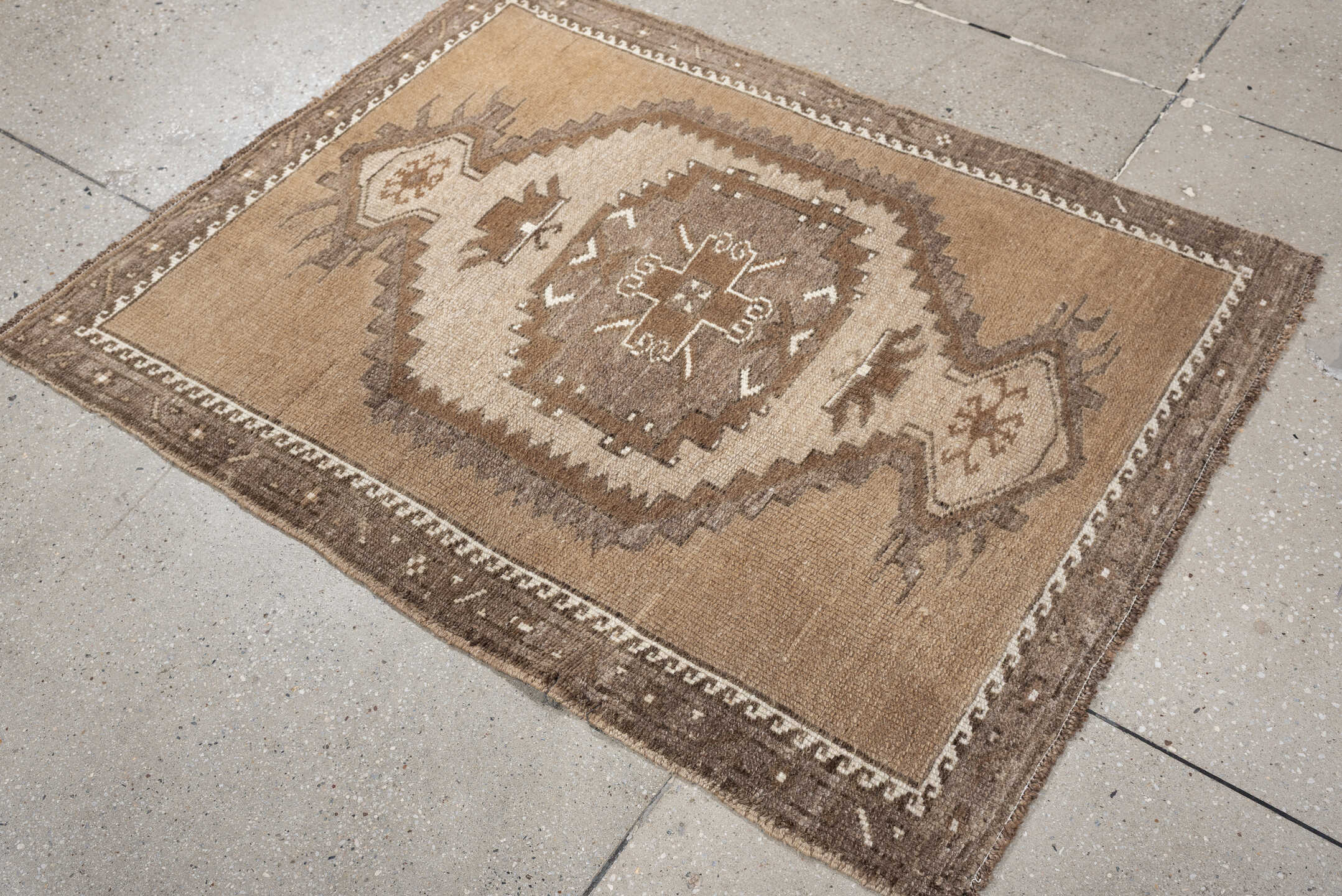 3' x 4' one-of-a-kind handmade antique Kars small size rug. Color palette: taupe, camel, ivory, brown, greige, beige, gray