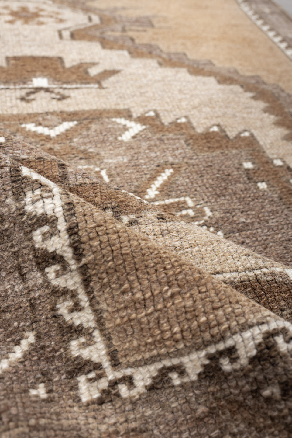 3' x 4' one-of-a-kind handmade antique Kars small size rug. Color palette: taupe, camel, ivory, brown, greige, beige, gray