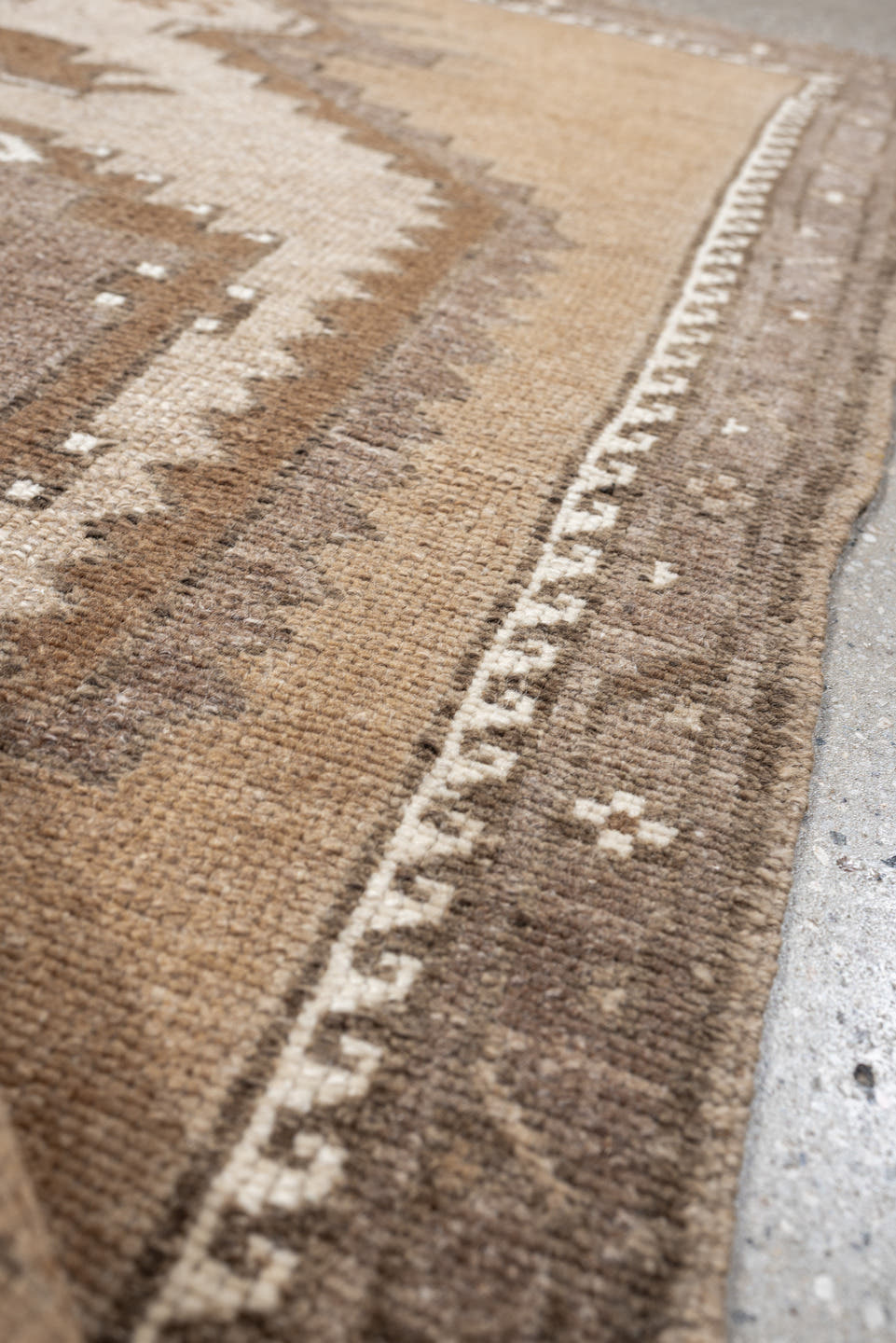 3' x 4' one-of-a-kind handmade antique Kars small size rug. Color palette: taupe, camel, ivory, brown, greige, beige, gray