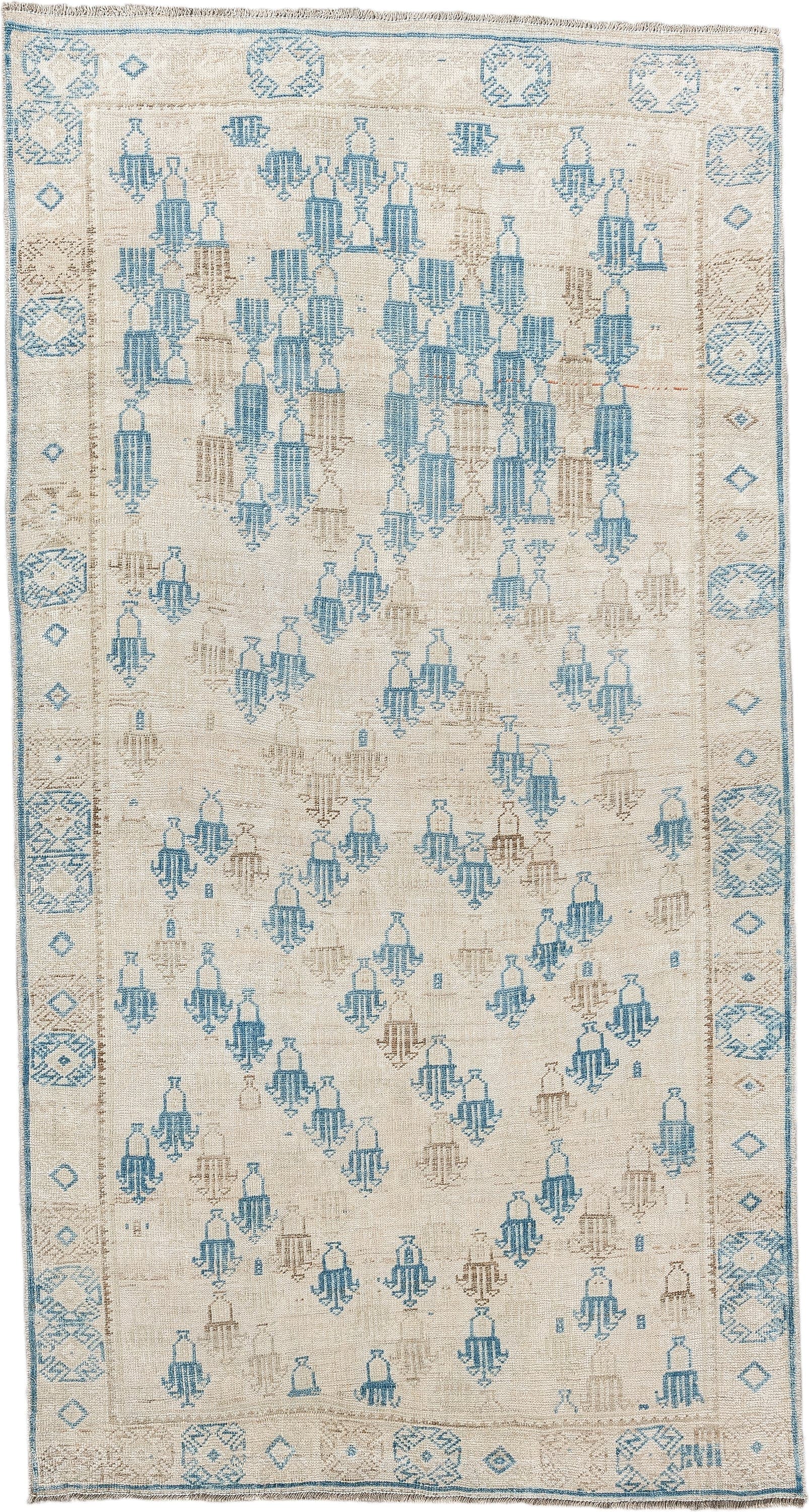 3' x 6' one-of-a-kind handmade antique rug. Color palette: ivory, sky blue, beige, taupe, light blue, gray