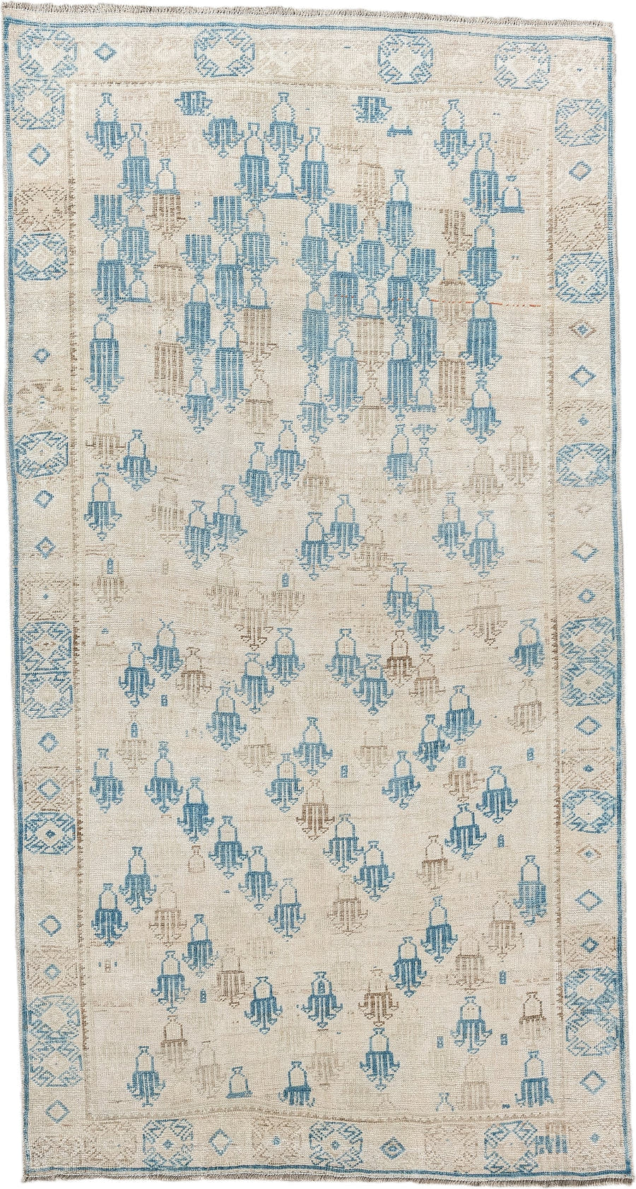 3' x 6' one-of-a-kind handmade antique rug. Color palette: ivory, sky blue, beige, taupe, light blue, gray