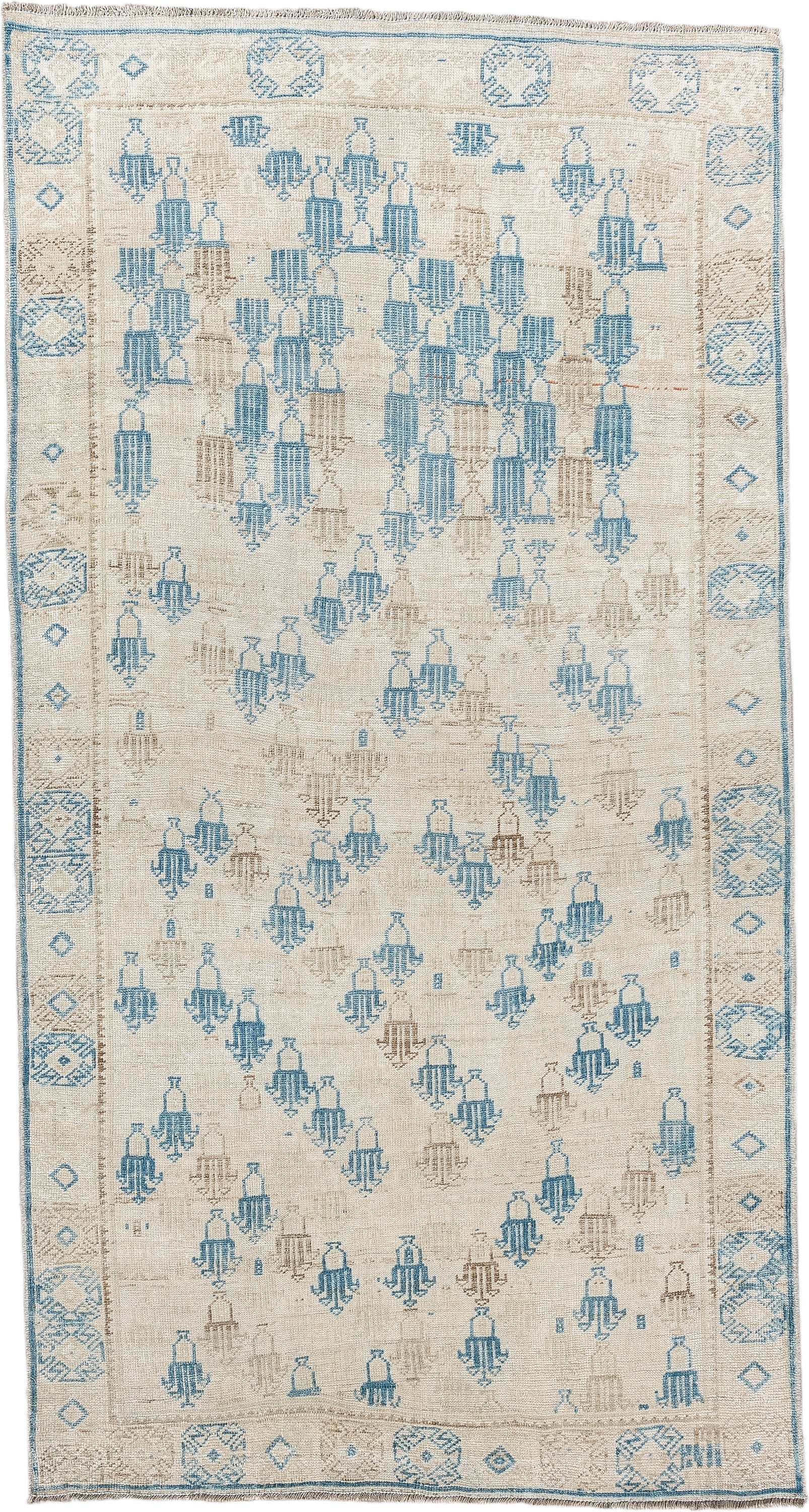 3' x 6' one-of-a-kind handmade antique rug. Color palette: ivory, sky blue, beige, taupe, light blue, gray