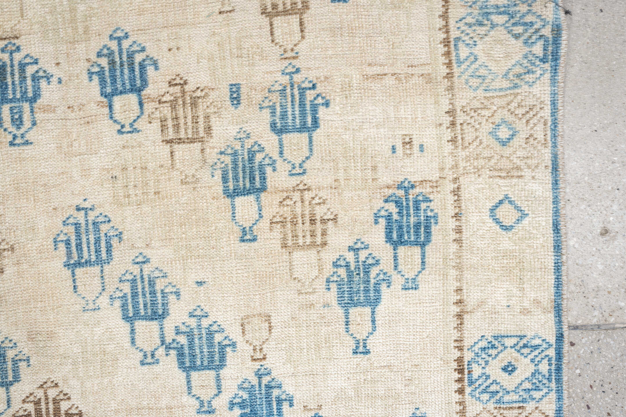 3' x 6' one-of-a-kind handmade antique rug. Color palette: ivory, sky blue, beige, taupe, light blue, gray
