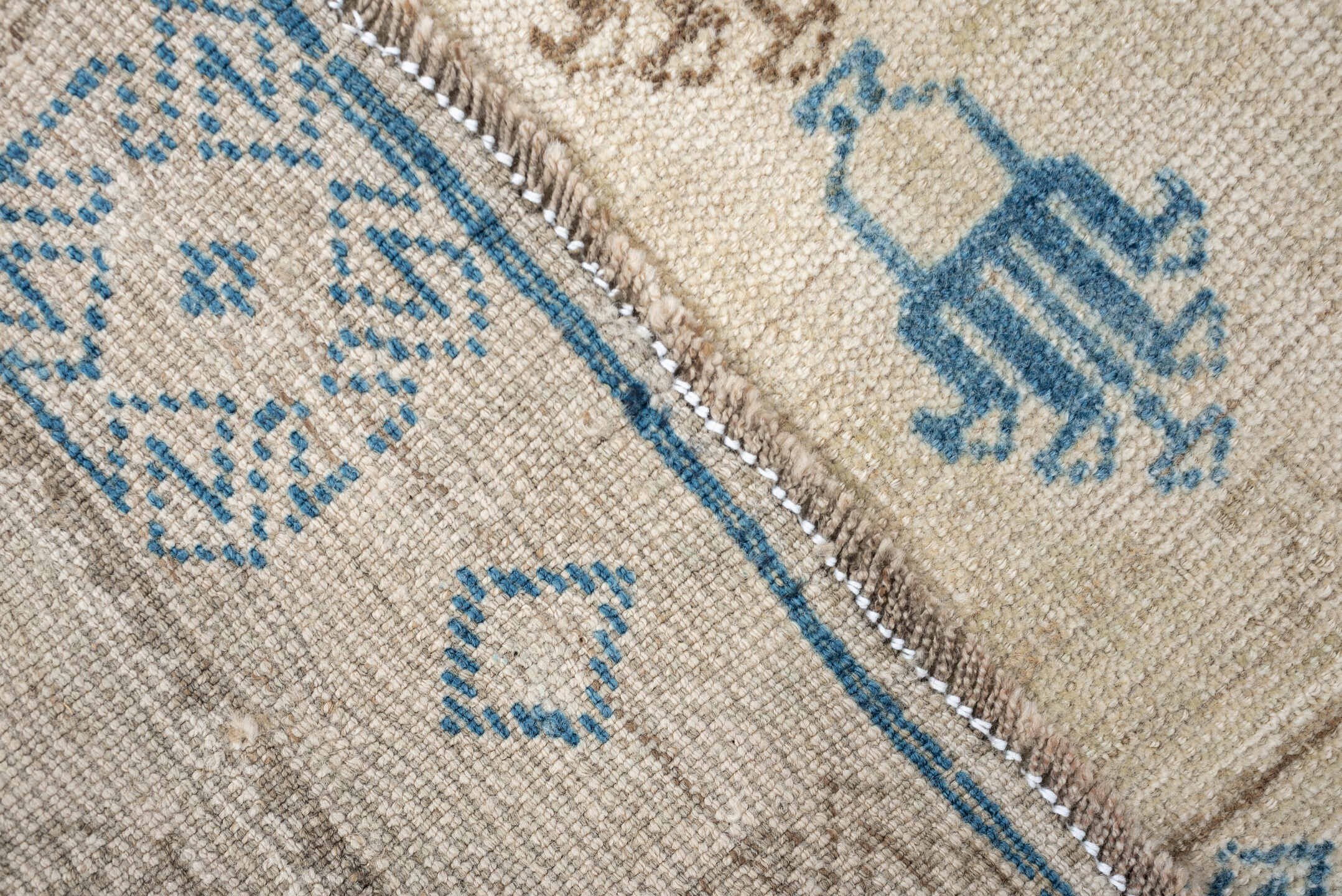 3' x 6' one-of-a-kind handmade antique rug. Color palette: ivory, sky blue, beige, taupe, light blue, gray