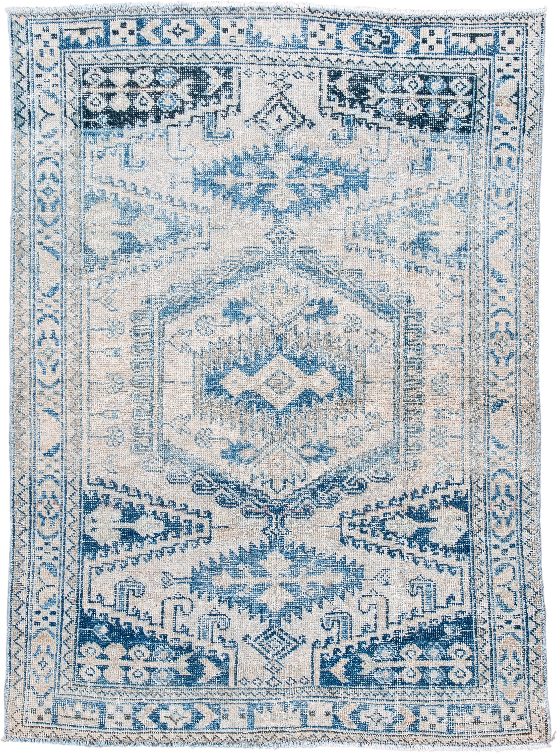 3' x 5' one-of-a-kind handmade vintage Veece small size rug. Color palette: ivory, sky blue, slate blue, navy, cream