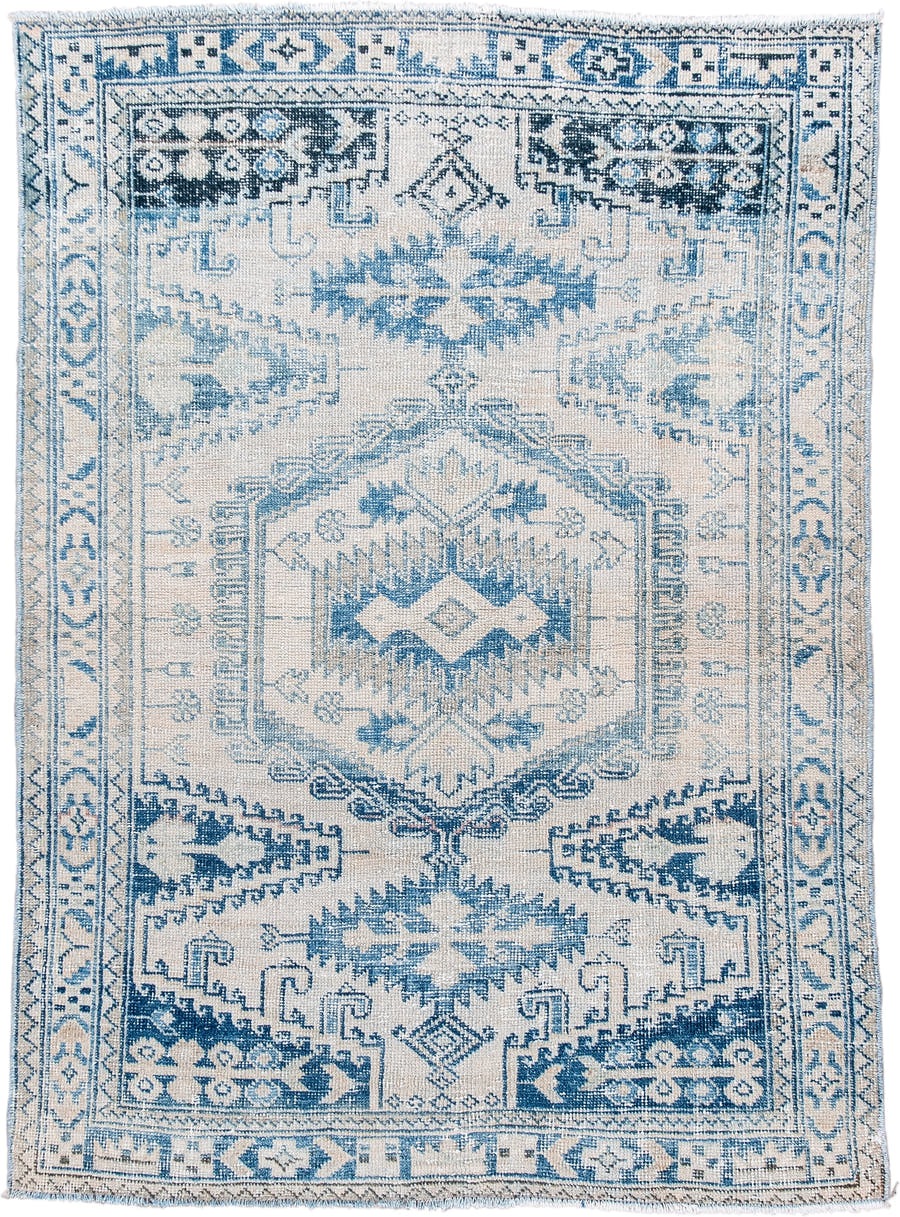 3' x 5' one-of-a-kind handmade vintage Veece small size rug. Color palette: ivory, sky blue, slate blue, navy, cream