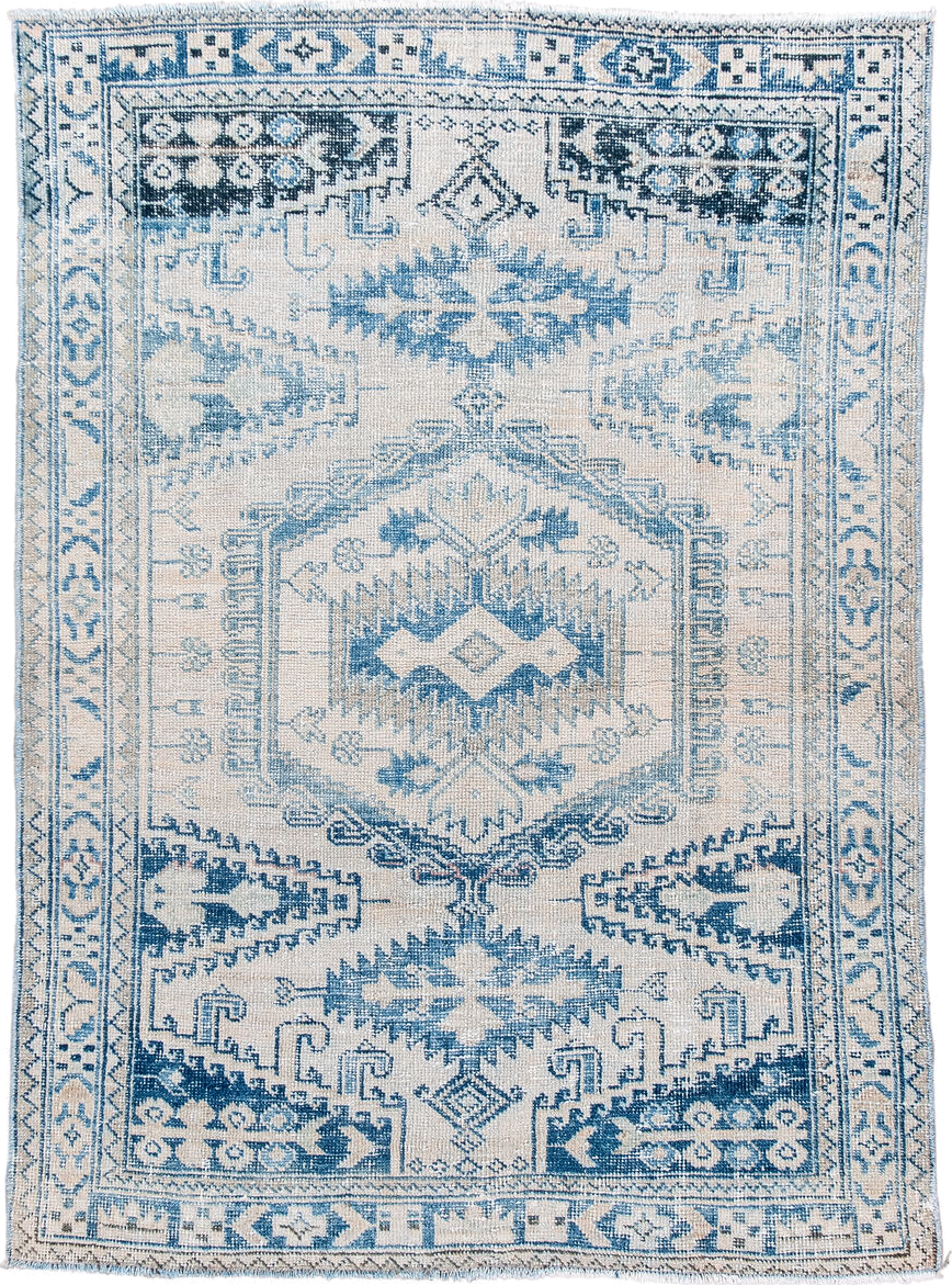 3' x 5' one-of-a-kind handmade vintage Veece small size rug. Color palette: alice blue, arapawa, blue, dark gray, gainsboro