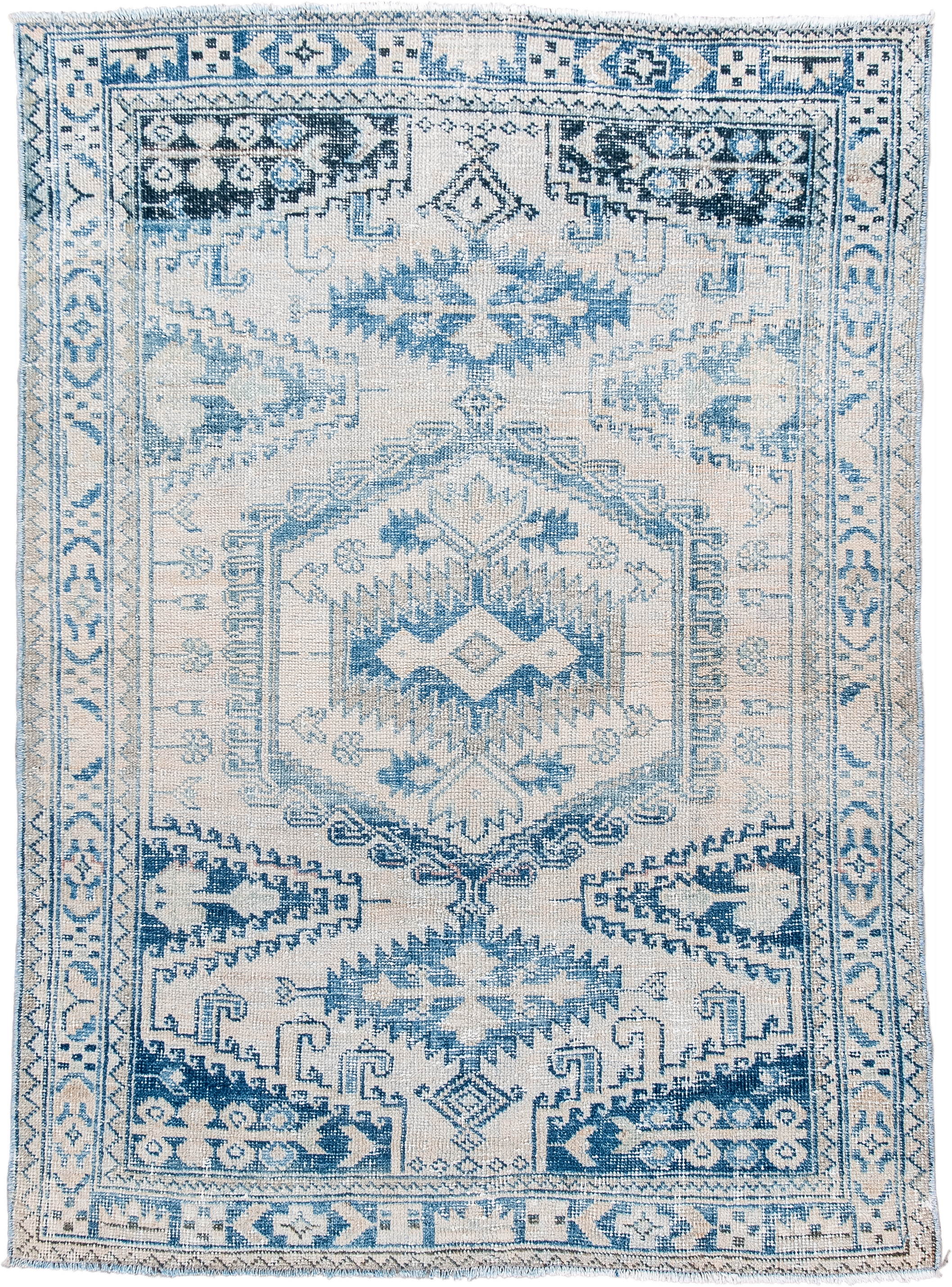 3' x 5' one-of-a-kind handmade vintage Veece small size rug. Color palette: ivory, sky blue, slate blue, navy, cream