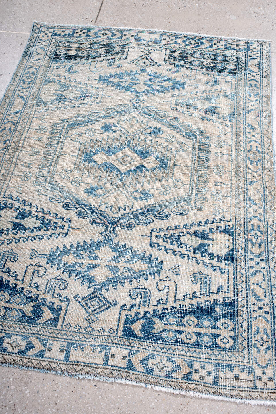3' x 5' one-of-a-kind handmade vintage Veece small size rug. Color palette: ivory, sky blue, slate blue, navy, cream