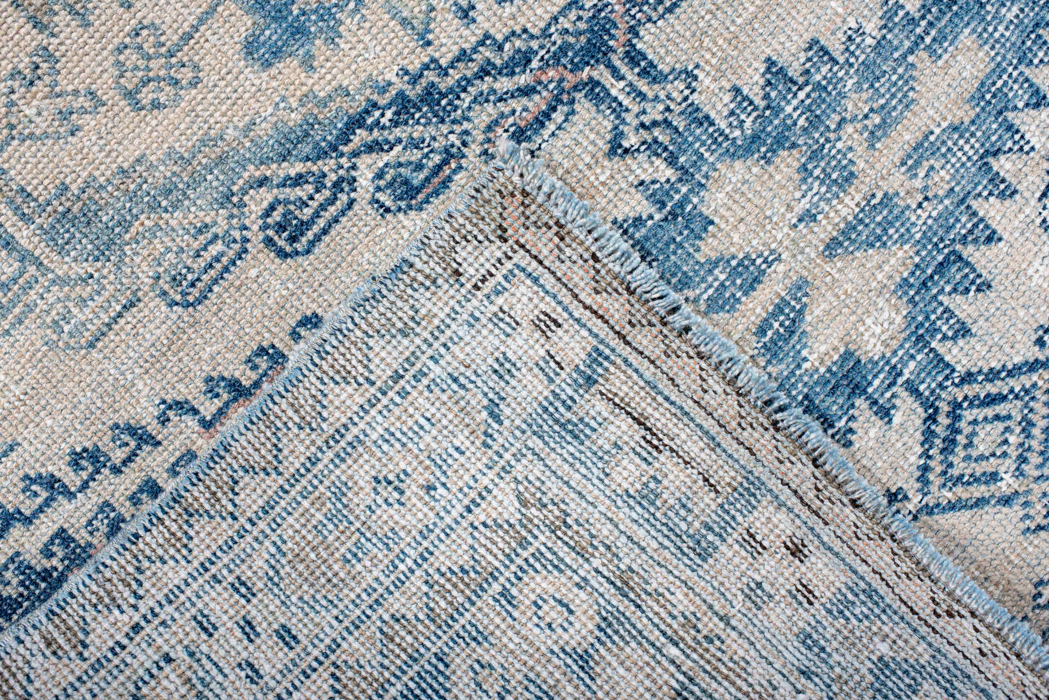 3' x 5' one-of-a-kind handmade vintage Veece small size rug. Color palette: ivory, sky blue, slate blue, navy, cream