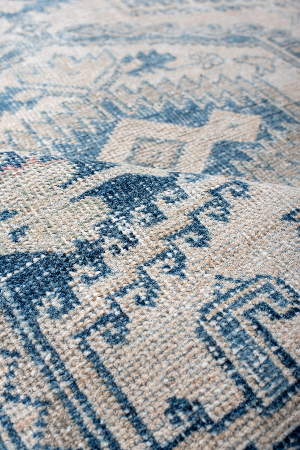 3' x 5' one-of-a-kind handmade vintage Veece small size rug. Color palette: ivory, sky blue, slate blue, navy, cream