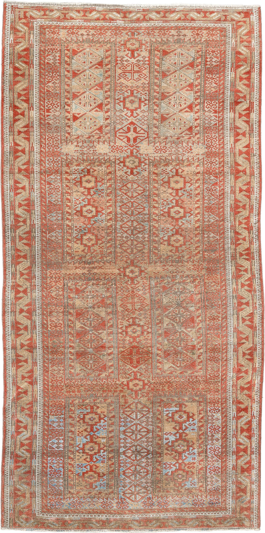3' x 7' one-of-a-kind handmade antique Belouch rug. Color palette: terracotta, ivory, camel, taupe, rust, pale blue, brown