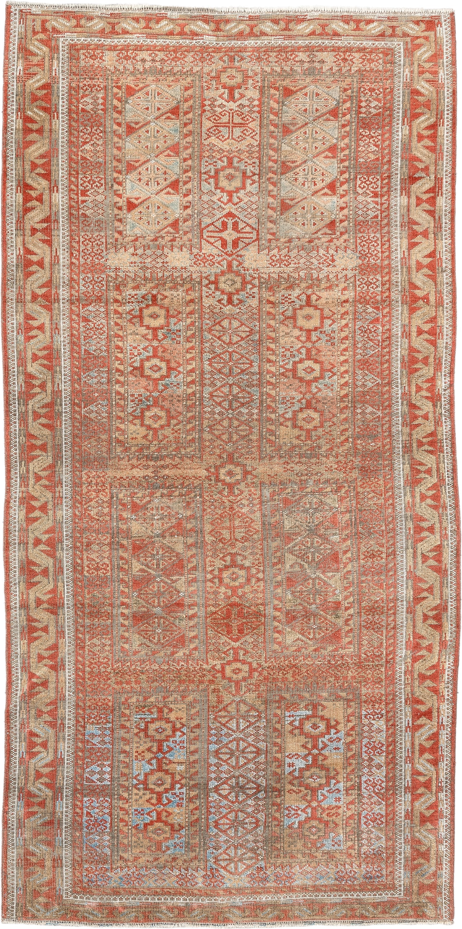 3' x 7' one-of-a-kind handmade antique Belouch rug. Color palette: terracotta, ivory, camel, taupe, rust, pale blue, brown