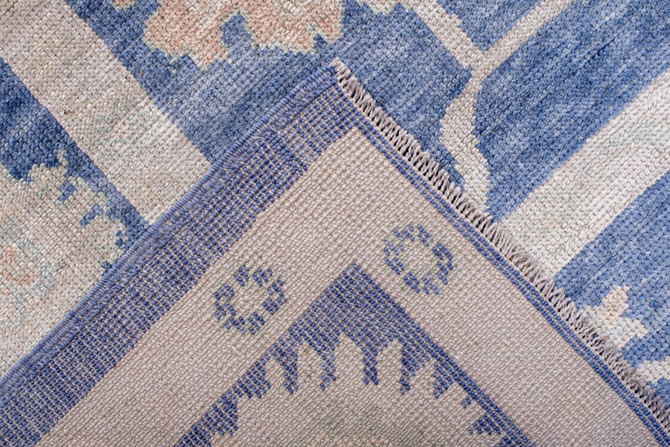 8' x 9' one-of-a-kind handmade vintage Oushak large size rug. Color palette: powder blue, ivory, blush, pale blue