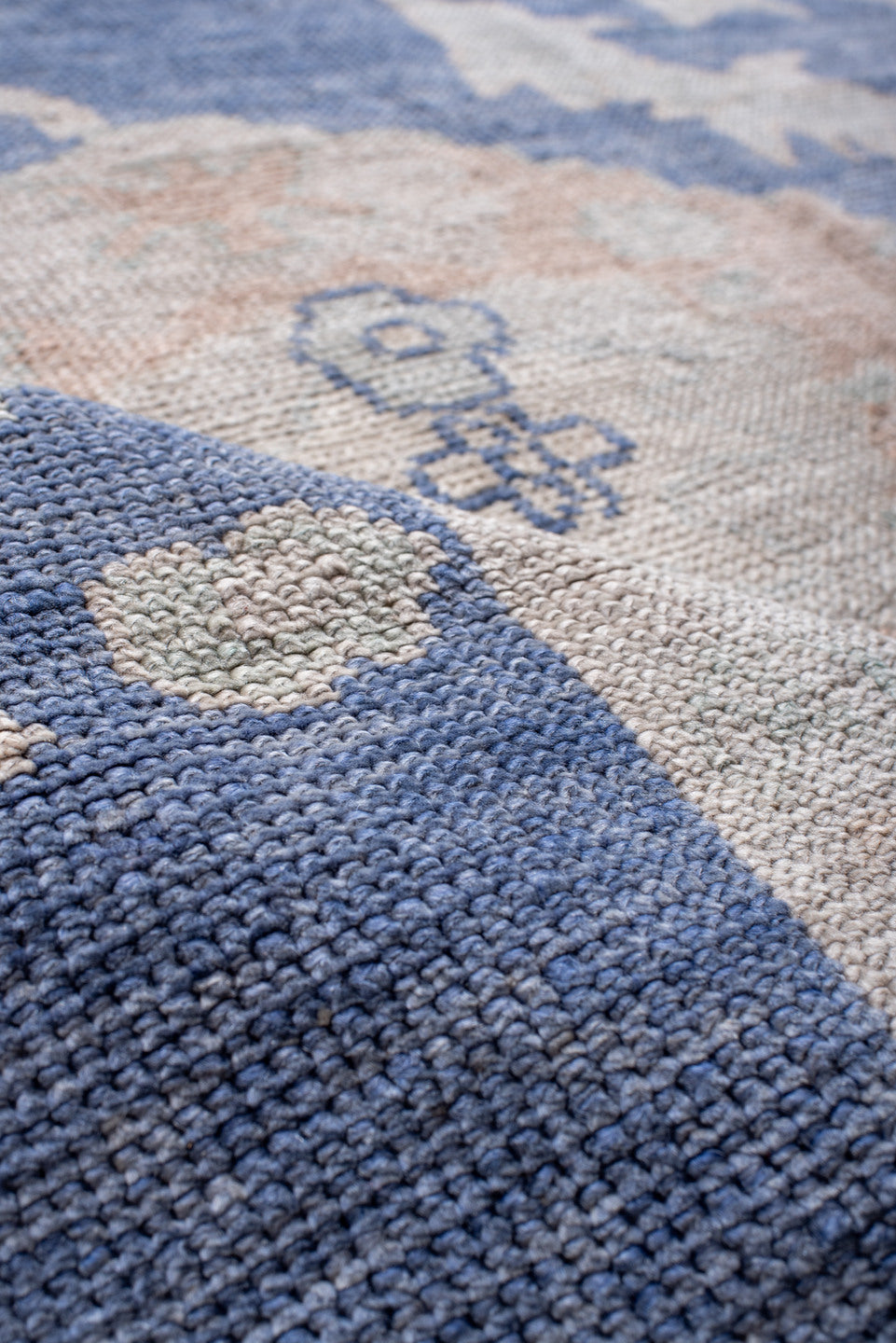 8' x 9' one-of-a-kind handmade vintage Oushak large size rug. Color palette: powder blue, ivory, blush, pale blue