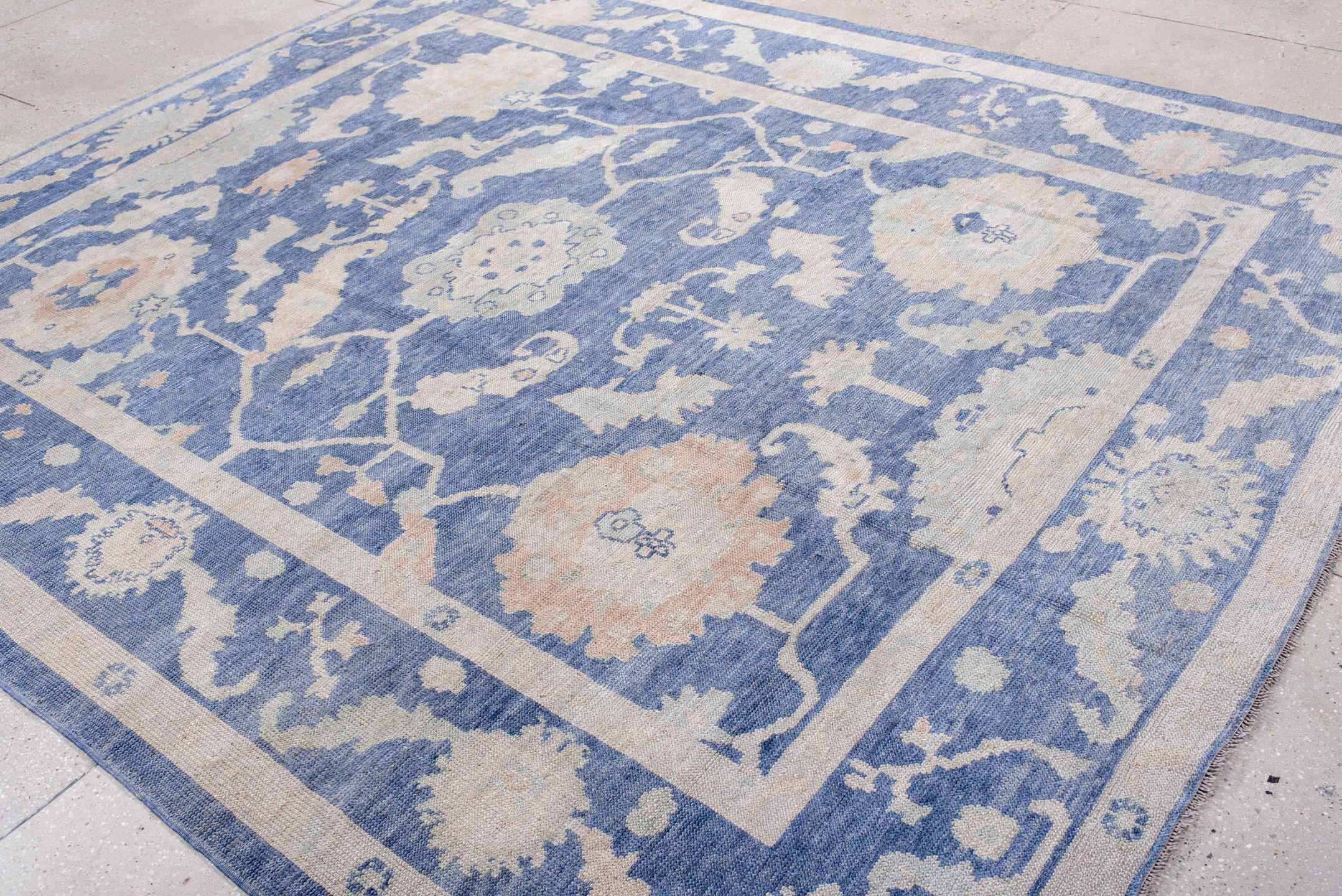 8' x 9' one-of-a-kind handmade vintage Oushak large size rug. Color palette: powder blue, ivory, blush, pale blue