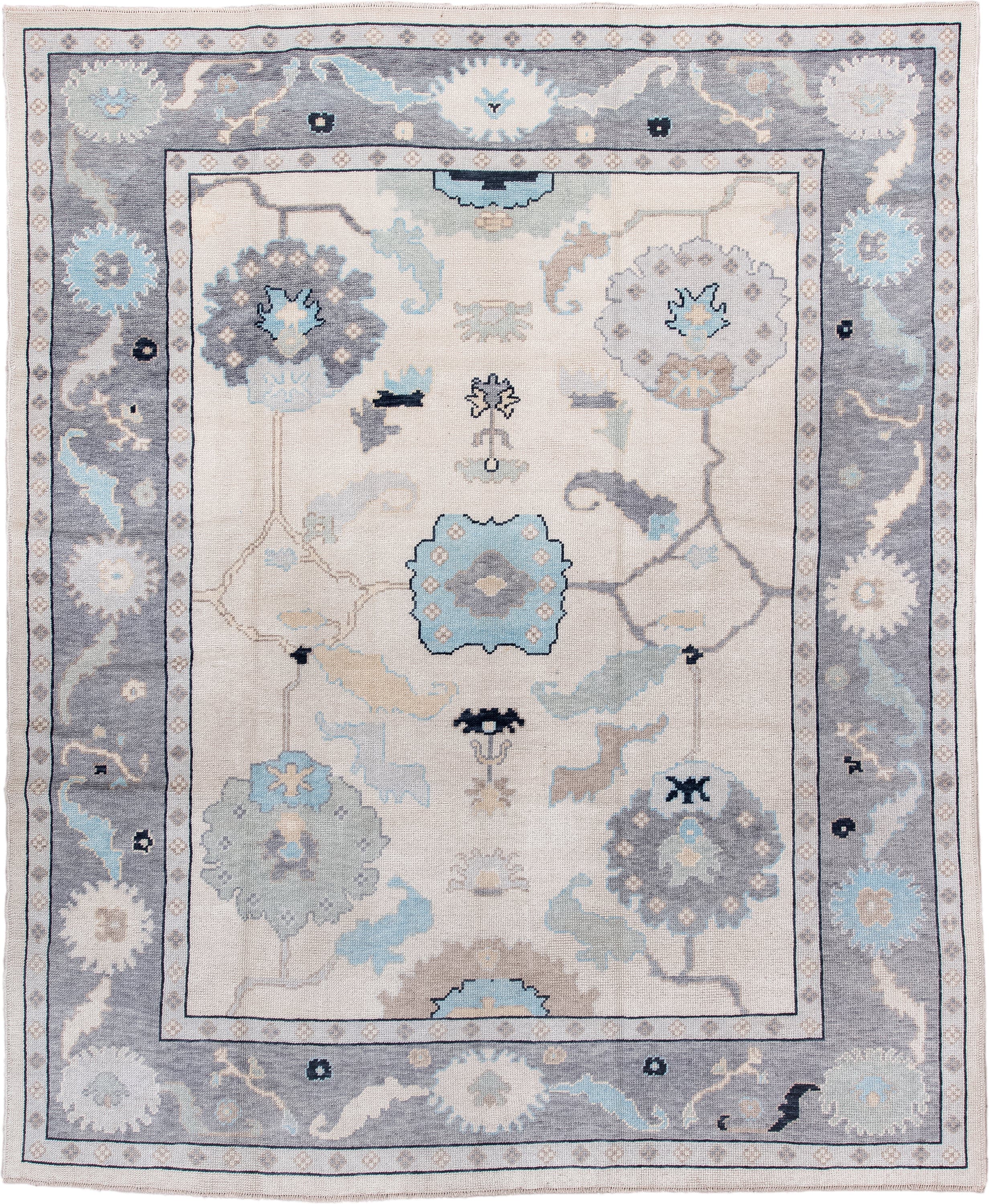 8' x 10' one-of-a-kind handmade vintage Oushak large size rug. Color palette: ivory, gray, pale blue, taupe, charcoal, cream