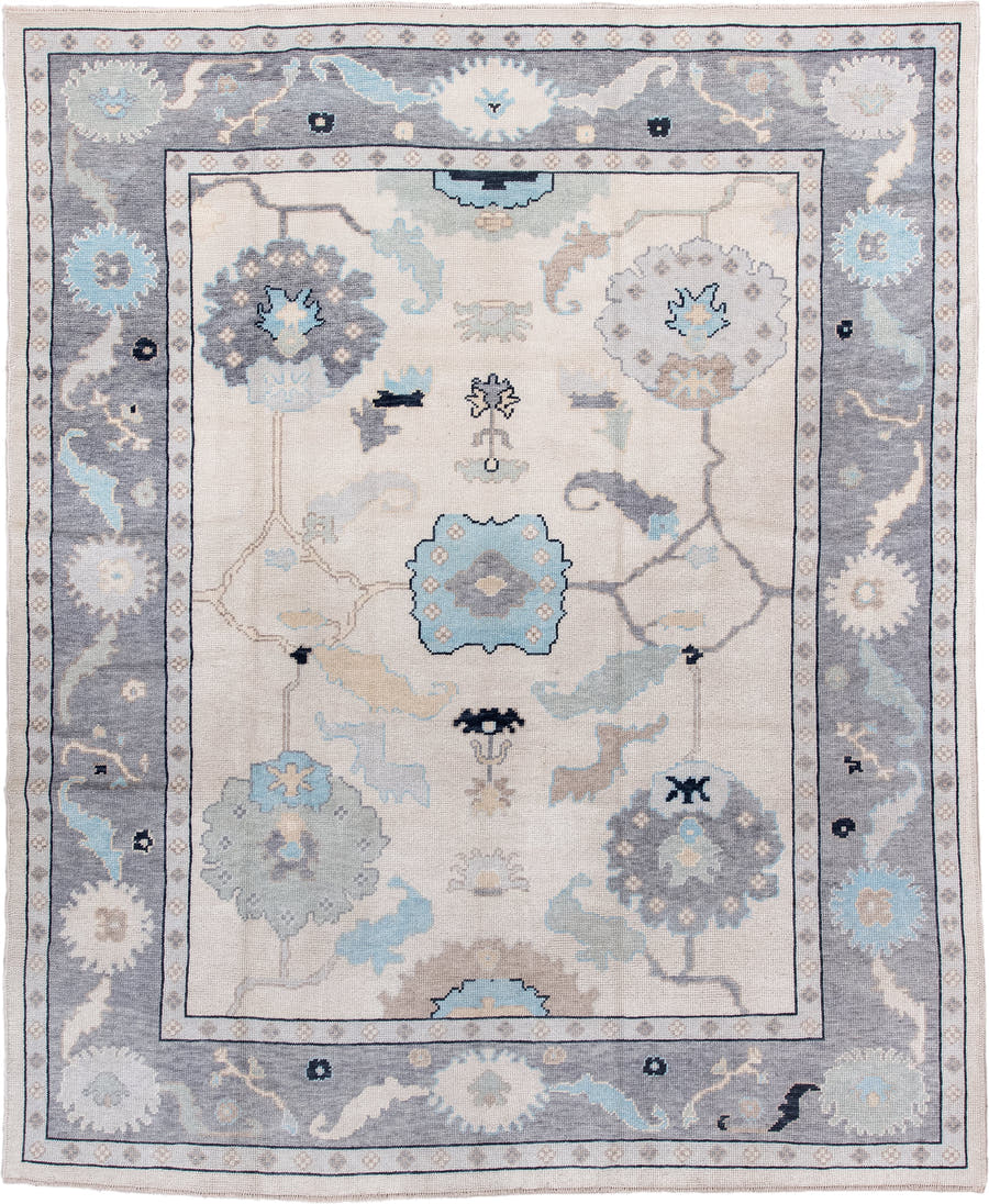 8' x 10' one-of-a-kind handmade vintage Oushak large size rug. Color palette: ivory, gray, pale blue, taupe, charcoal, cream