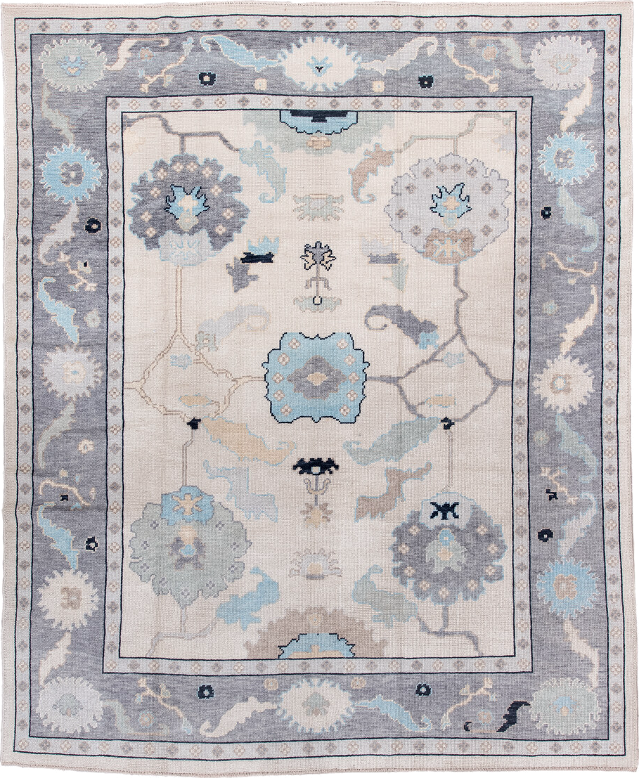 8' x 10' one-of-a-kind handmade vintage Oushak large size rug. Color palette: black, blue, dark gray, fiord, gray