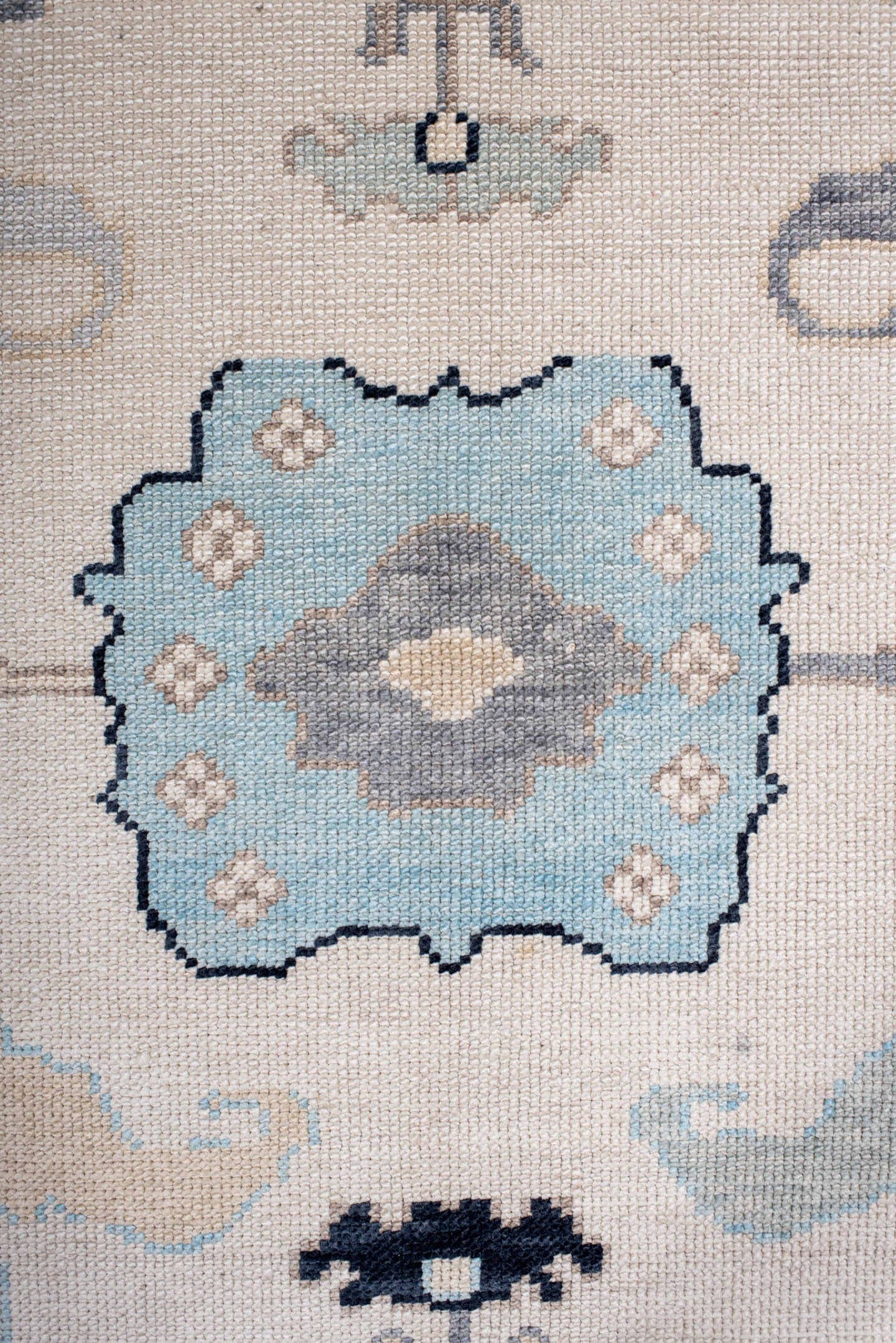 8' x 10' one-of-a-kind handmade vintage Oushak large size rug. Color palette: ivory, gray, pale blue, taupe, charcoal, cream
