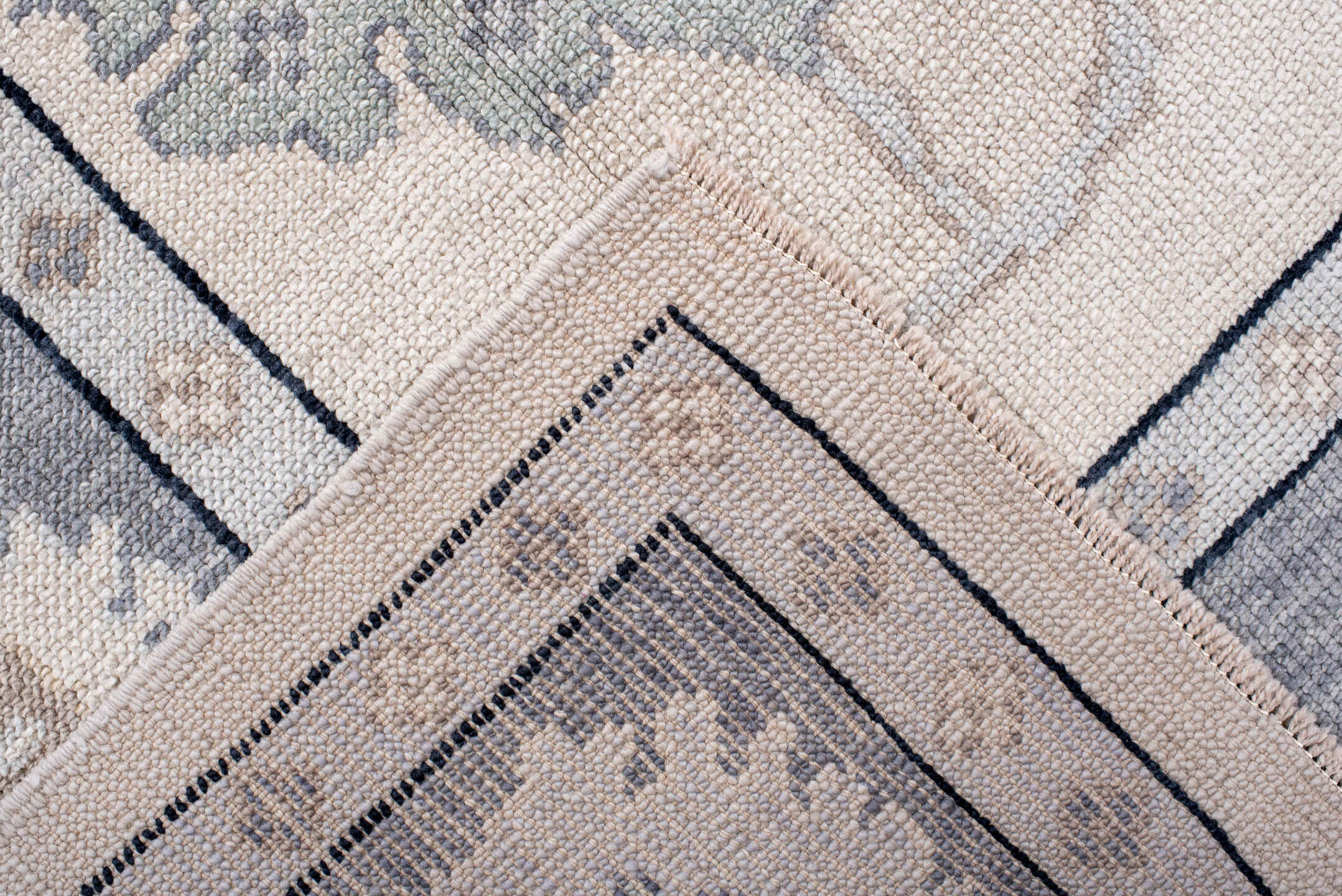 8' x 10' one-of-a-kind handmade vintage Oushak large size rug. Color palette: ivory, gray, pale blue, taupe, charcoal, cream