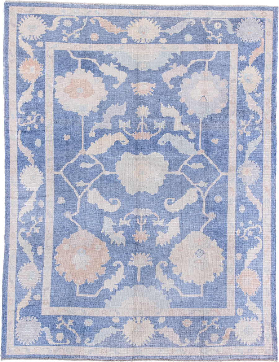 8' x 11' one-of-a-kind handmade vintage Oushak large size rug. Color palette: powder blue, ivory, blush, pale peach
