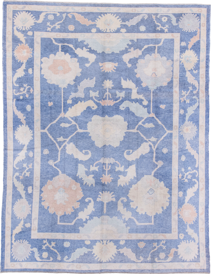 8' x 11' one-of-a-kind handmade vintage Oushak large size rug. Color palette: powder blue, ivory, blush, pale peach