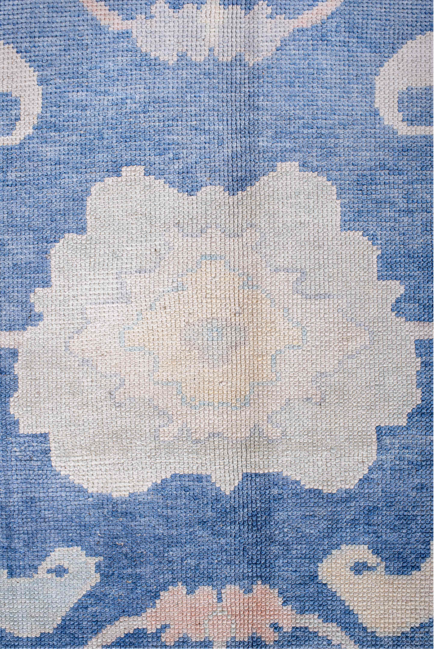 8' x 11' one-of-a-kind handmade vintage Oushak large size rug. Color palette: powder blue, ivory, blush, pale peach