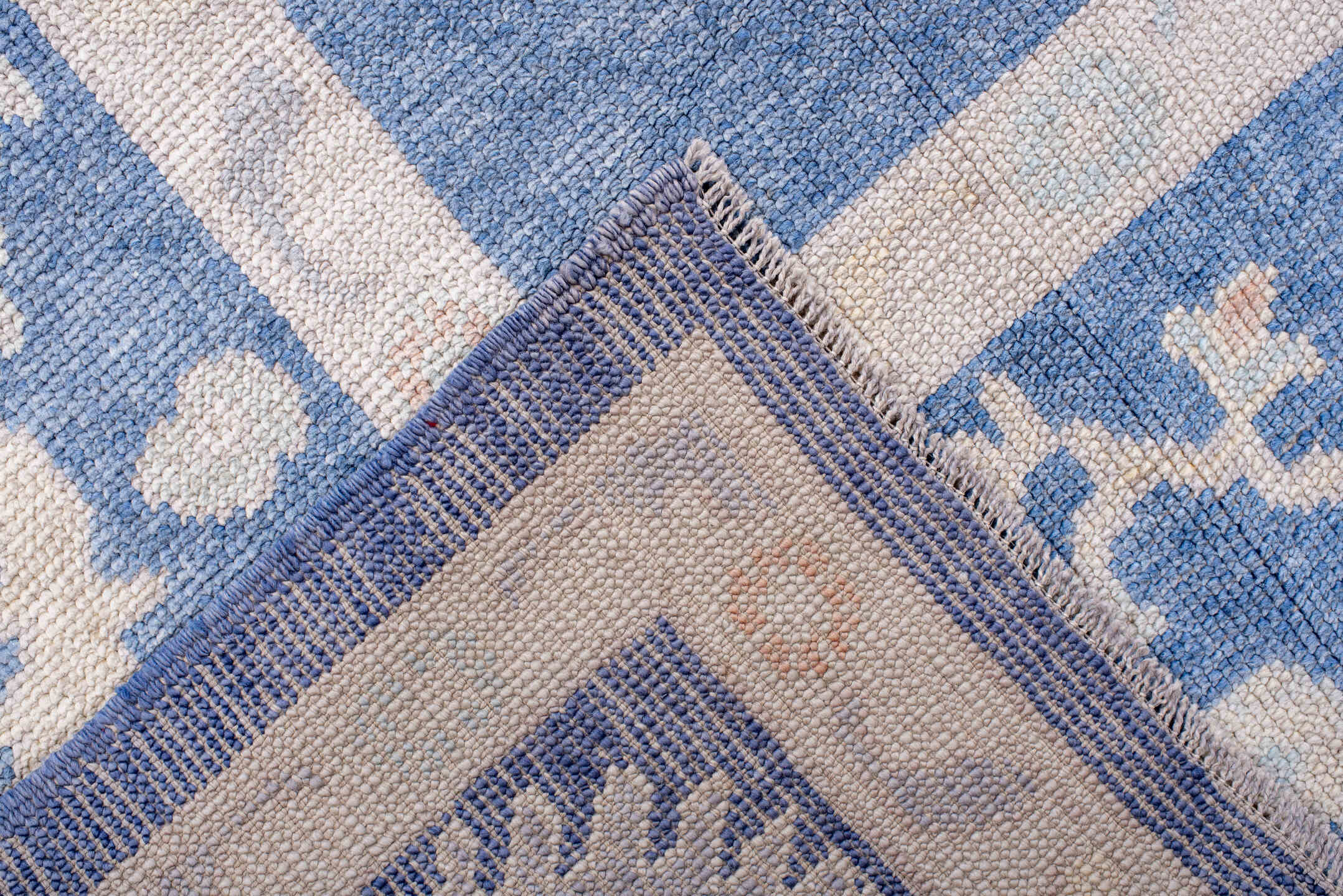 8' x 11' one-of-a-kind handmade vintage Oushak large size rug. Color palette: powder blue, ivory, blush, pale peach