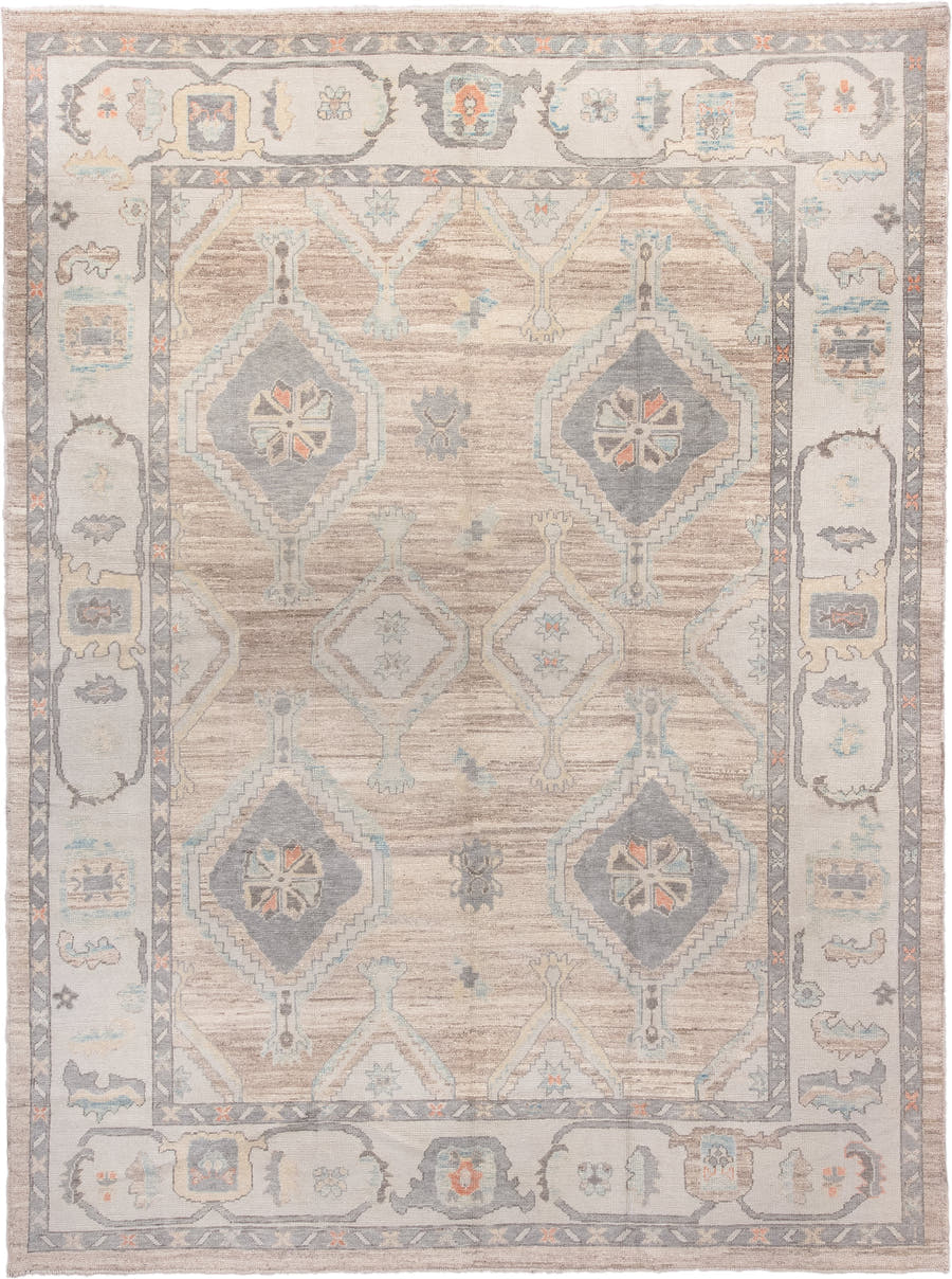 10' x 13' one-of-a-kind handmade vintage Oushak large size rug. Color palette: taupe, ivory, slate, sky blue, coral, beige