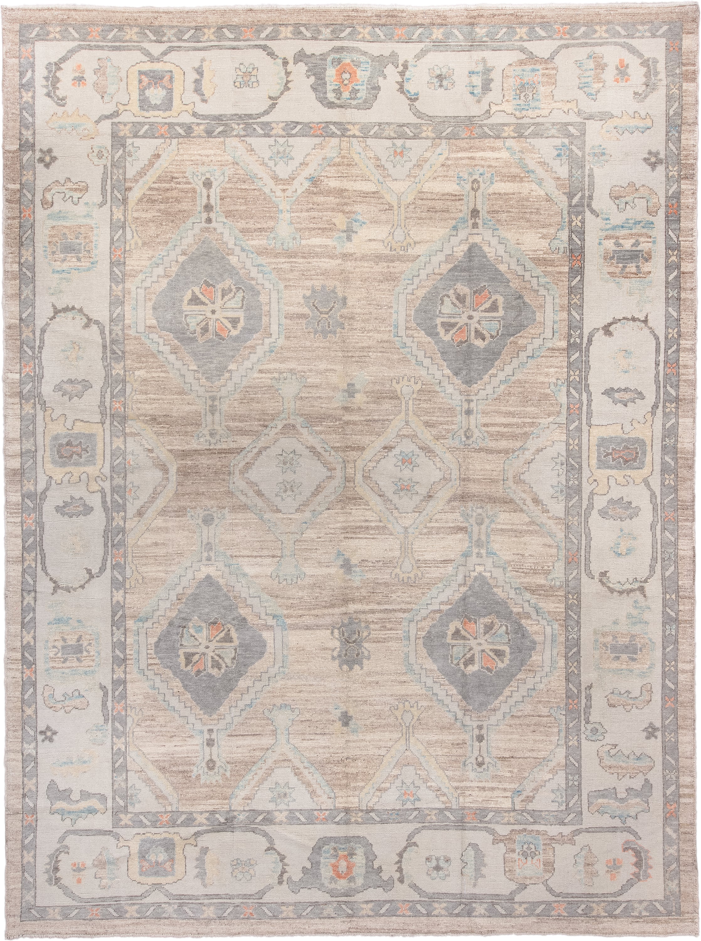 10' x 13' one-of-a-kind handmade vintage Oushak large size rug. Color palette: taupe, ivory, slate, sky blue, coral, beige