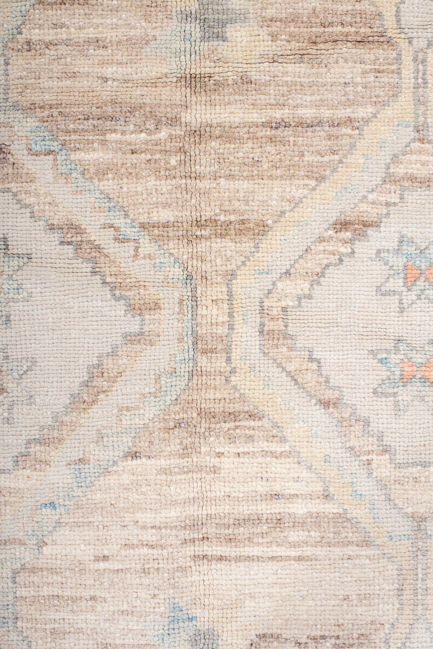 10' x 13' one-of-a-kind handmade vintage Oushak large size rug. Color palette: taupe, ivory, slate, sky blue, coral, beige