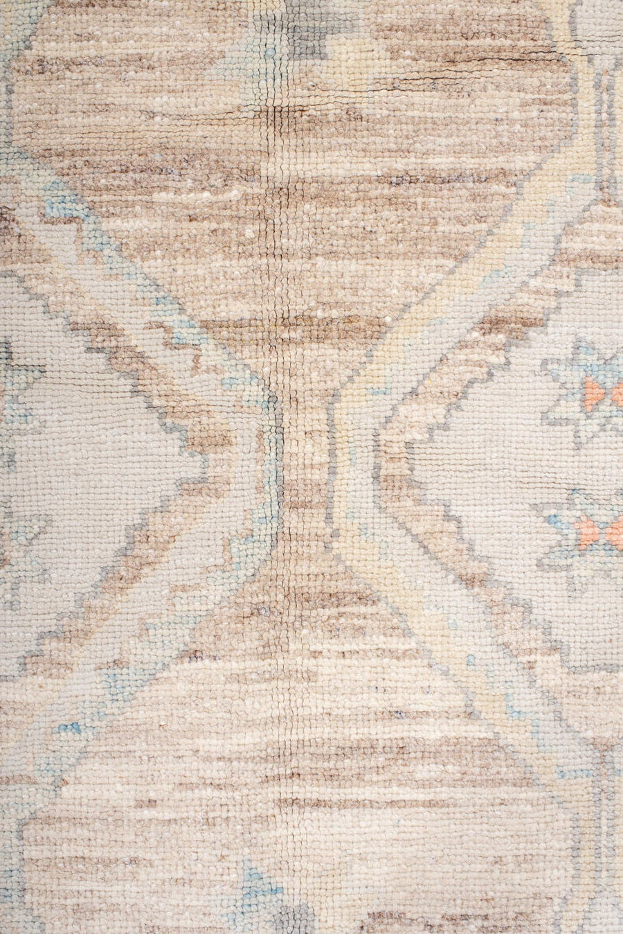 10' x 13' one-of-a-kind handmade vintage Oushak large size rug. Color palette: taupe, ivory, slate, sky blue, coral, beige