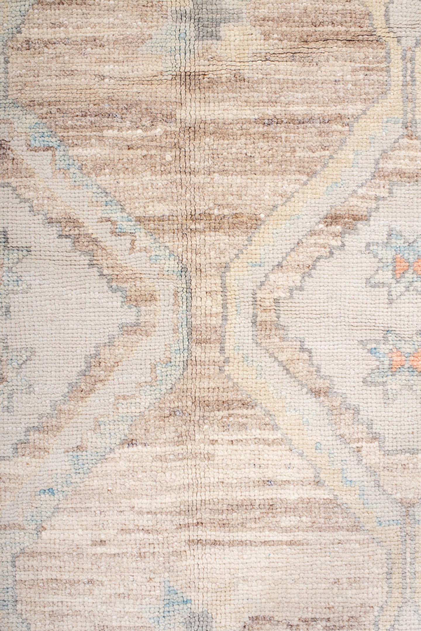 10' x 13' one-of-a-kind handmade vintage Oushak large size rug. Color palette: taupe, ivory, slate, sky blue, coral, beige